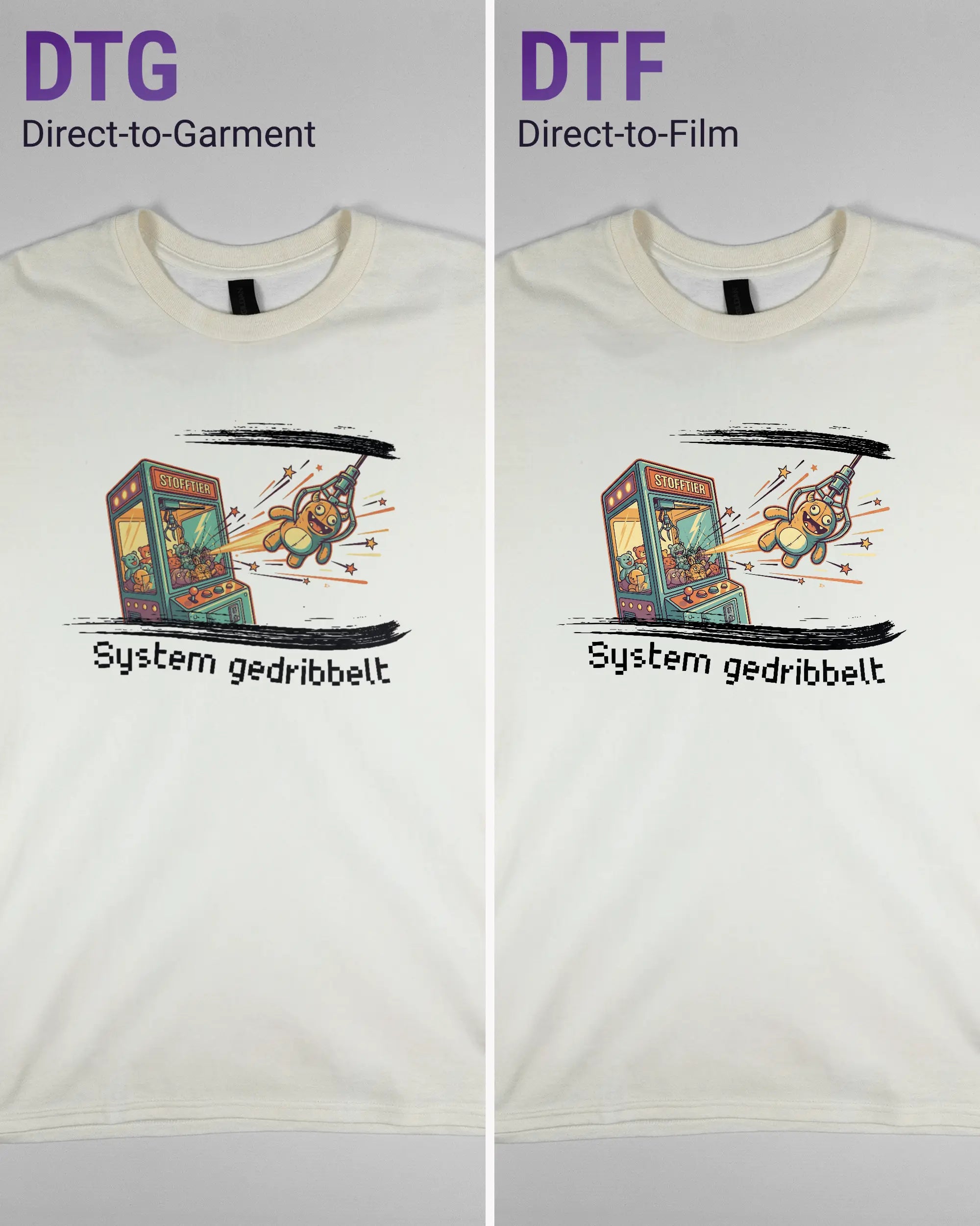 Vergleich der Vorderseiten des Basic Unisex T-Shirt Regular von Maondo mit dem Design System gedribbelt in der Farbe White und in der Größe L links mit dem Direct-to-Garment und rechts mit dem Direct-to-Film Verfahren