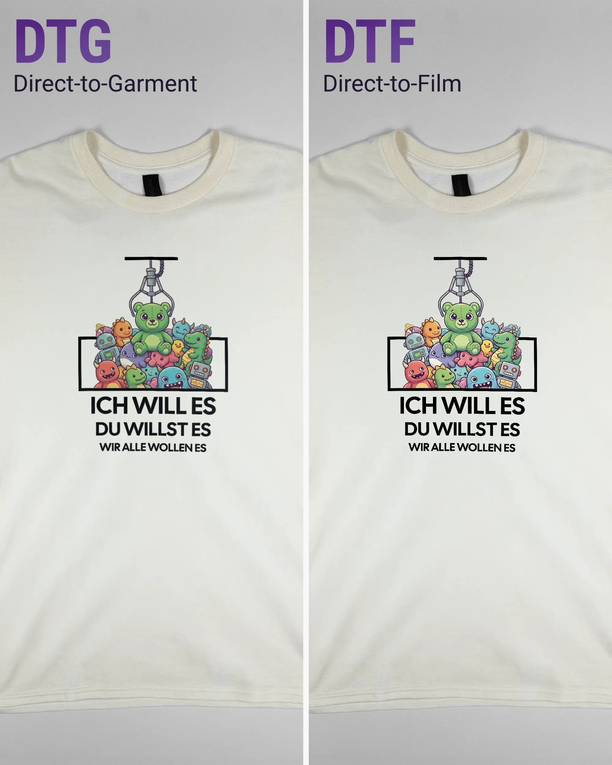 Vergleich der Vorderseiten des Basic Unisex T-Shirt Regular von Maondo mit dem Design Will Stofftier in der Farbe White und in der Größe L links mit dem Direct-to-Garment und rechts mit dem Direct-to-Film Verfahren