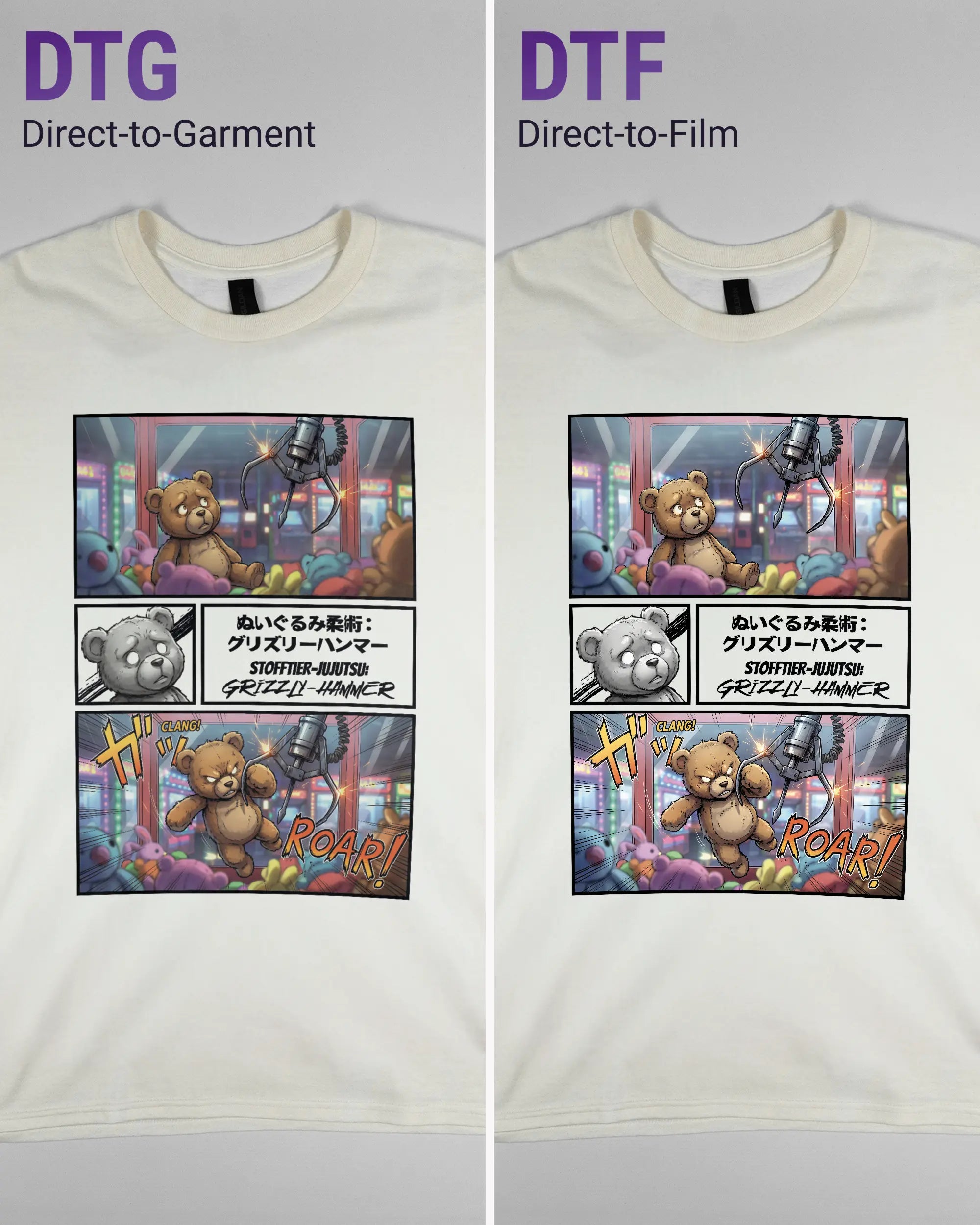 Vergleich der Vorderseiten des Basic Unisex T-Shirt Regular von Maondo mit dem Design Manga Stoff in der Farbe White und in der Größe L links mit dem Direct-to-Garment und rechts mit dem Direct-to-Film Verfahren