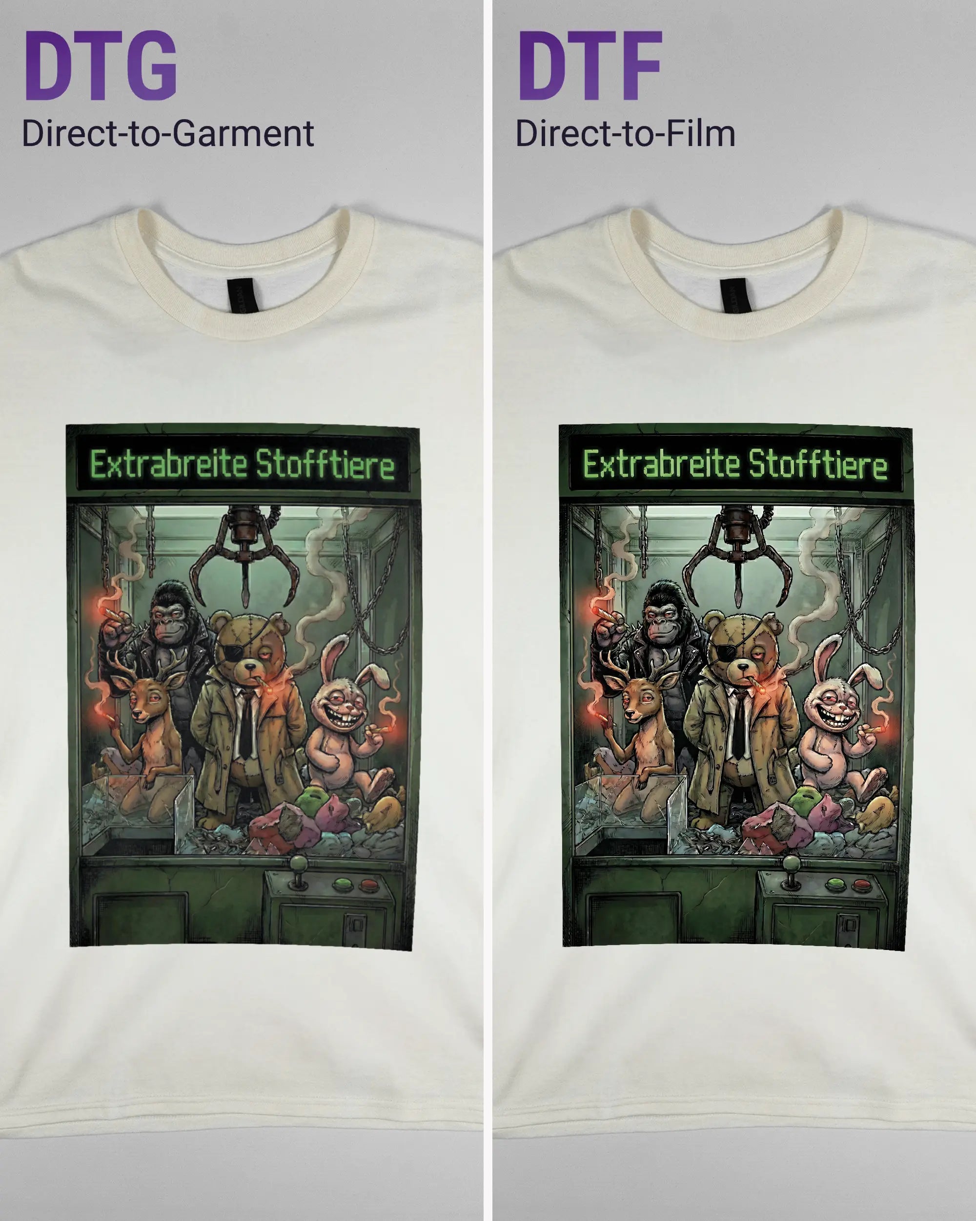 Vergleich der Vorderseiten des Basic Unisex T-Shirt Regular von Maondo mit dem Design Extrabreit in der Farbe White und in der Größe L links mit dem Direct-to-Garment und rechts mit dem Direct-to-Film Verfahren