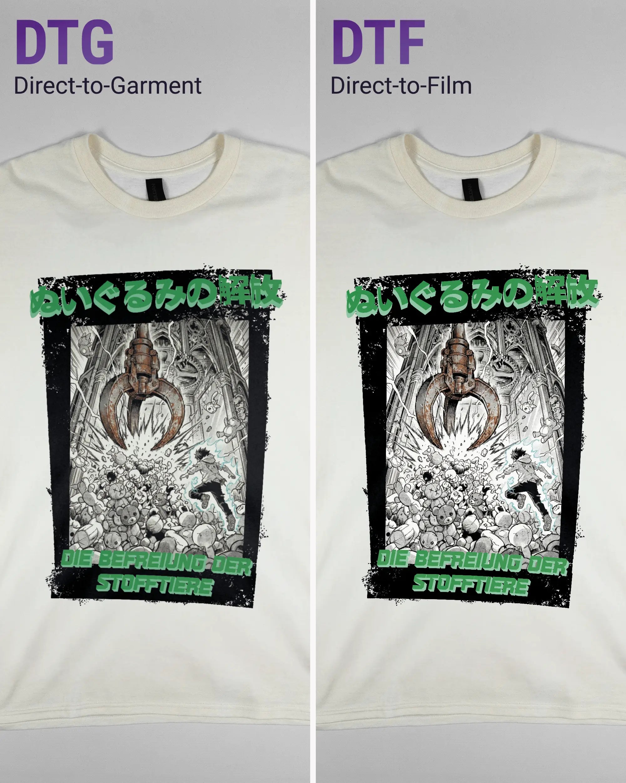 Vergleich der Vorderseiten des Basic Unisex T-Shirt Regular von Maondo mit dem Design Save 1 Stofftier in der Farbe White und in der Größe L links mit dem Direct-to-Garment und rechts mit dem Direct-to-Film Verfahren