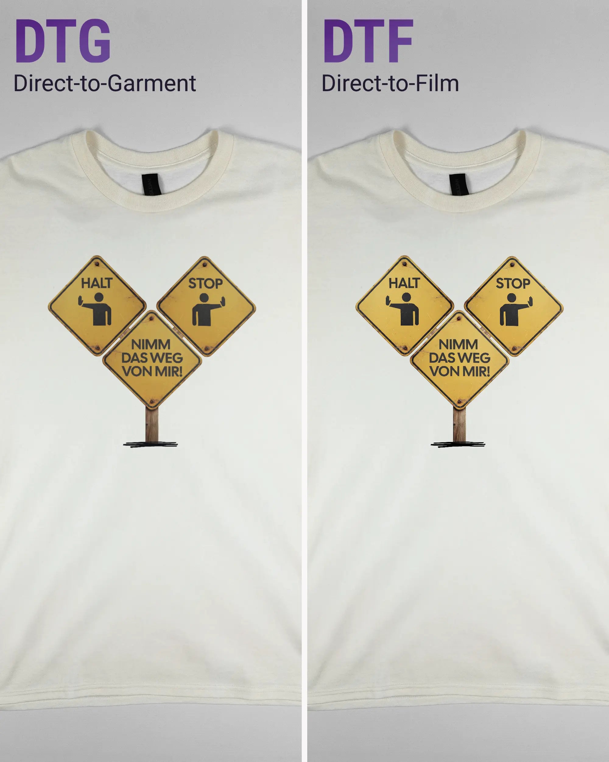 Vergleich der Vorderseiten des Basic Unisex T-Shirt Regular von Maondo mit dem Design Schutzschild in der Farbe White und in der Größe L links mit dem Direct-to-Garment und rechts mit dem Direct-to-Film Verfahren