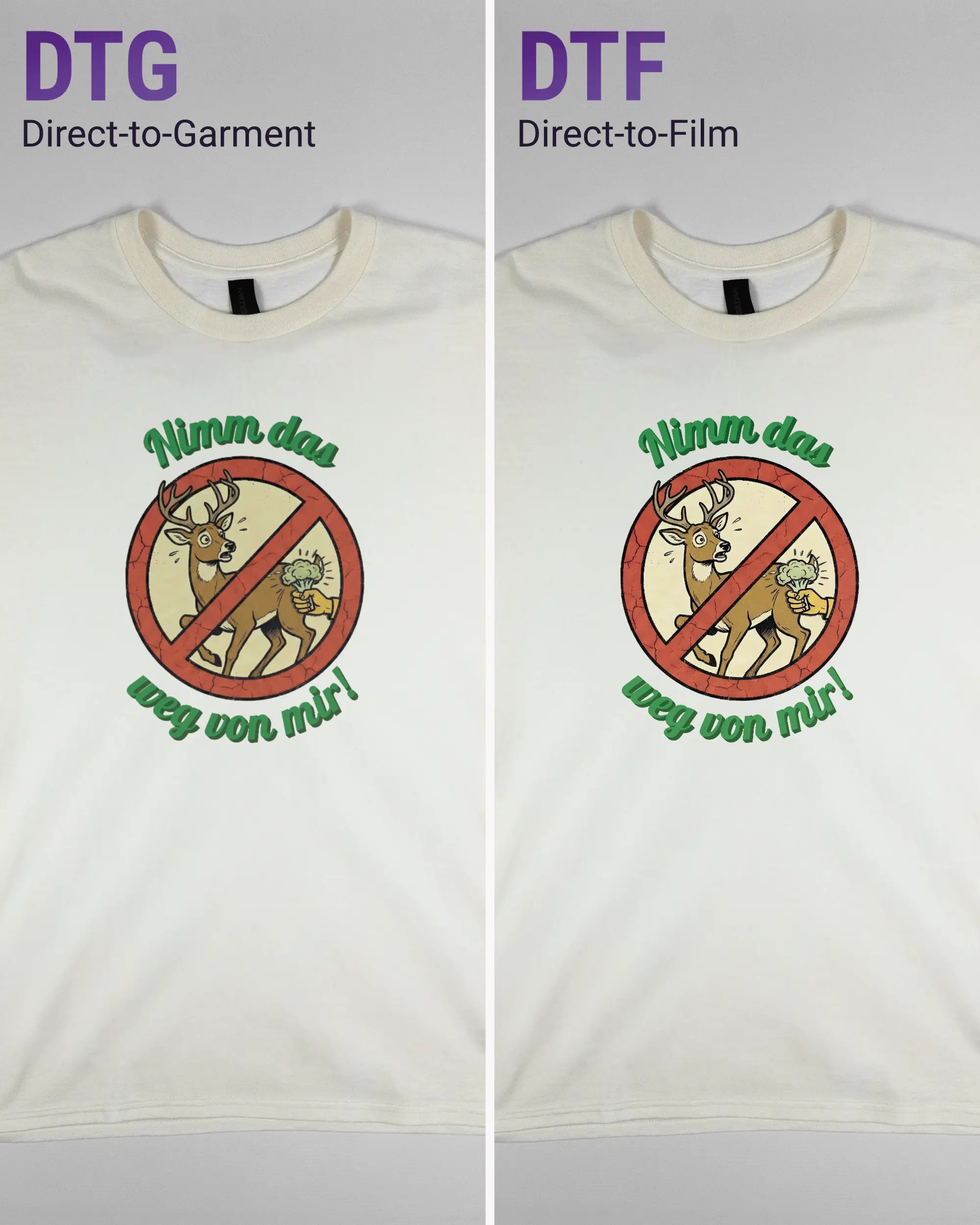 Vergleich der Vorderseiten des Basic Unisex T-Shirt Regular von Maondo mit dem Design Reh weg in der Farbe White und in der Größe L links mit dem Direct-to-Garment und rechts mit dem Direct-to-Film Verfahren