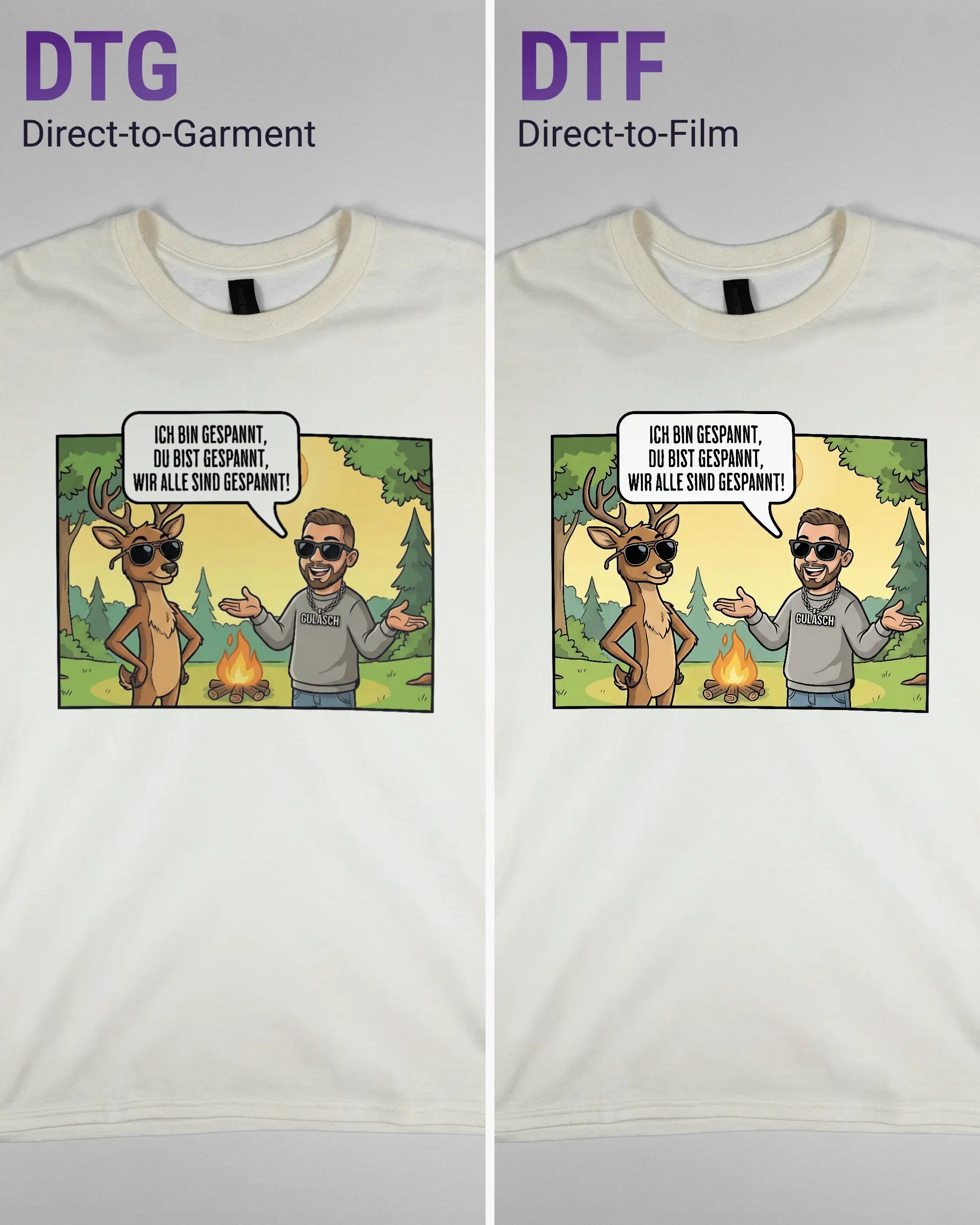 Vergleich der Vorderseiten des Basic Unisex T-Shirt Regular von Maondo mit dem Design Vollspannung in der Farbe White und in der Größe L links mit dem Direct-to-Garment und rechts mit dem Direct-to-Film Verfahren