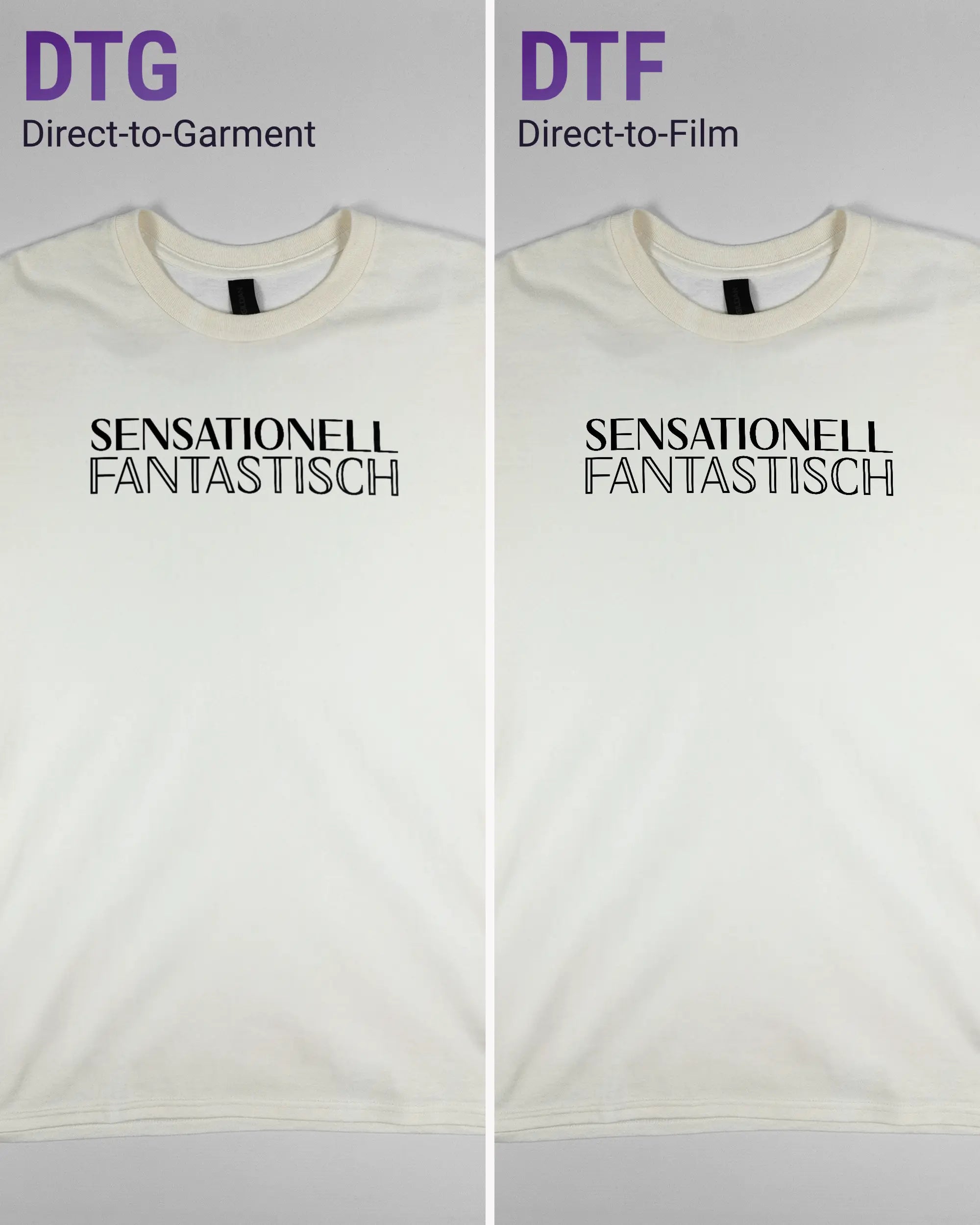 Vergleich der Vorderseiten des Basic Unisex T-Shirt Regular von Maondo mit dem Design Sensationell in der Farbe White und in der Größe L links mit dem Direct-to-Garment und rechts mit dem Direct-to-Film Verfahren