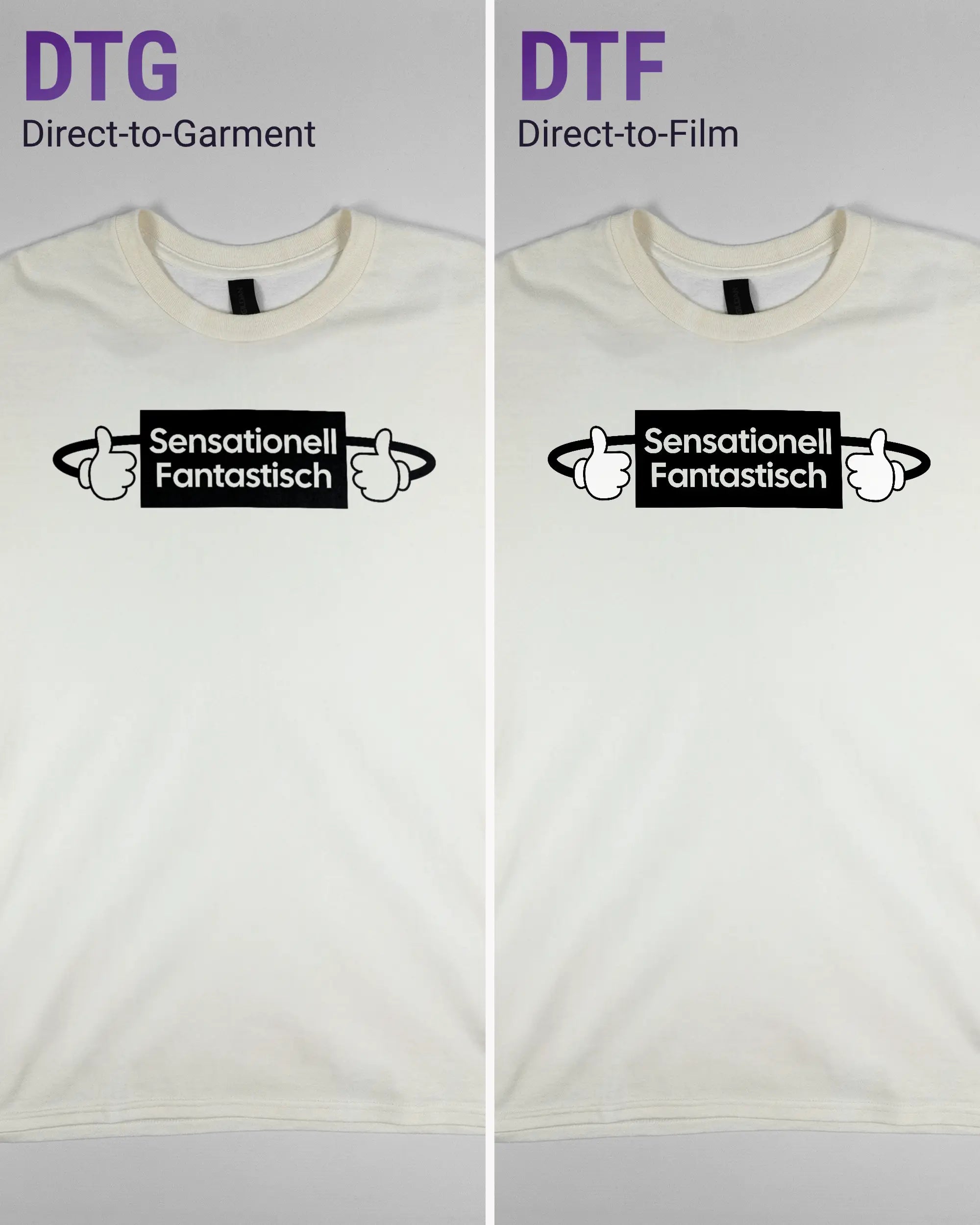 Vergleich der Vorderseiten des Basic Unisex T-Shirt Regular von Maondo mit dem Design Fantastisch in der Farbe White und in der Größe L links mit dem Direct-to-Garment und rechts mit dem Direct-to-Film Verfahren