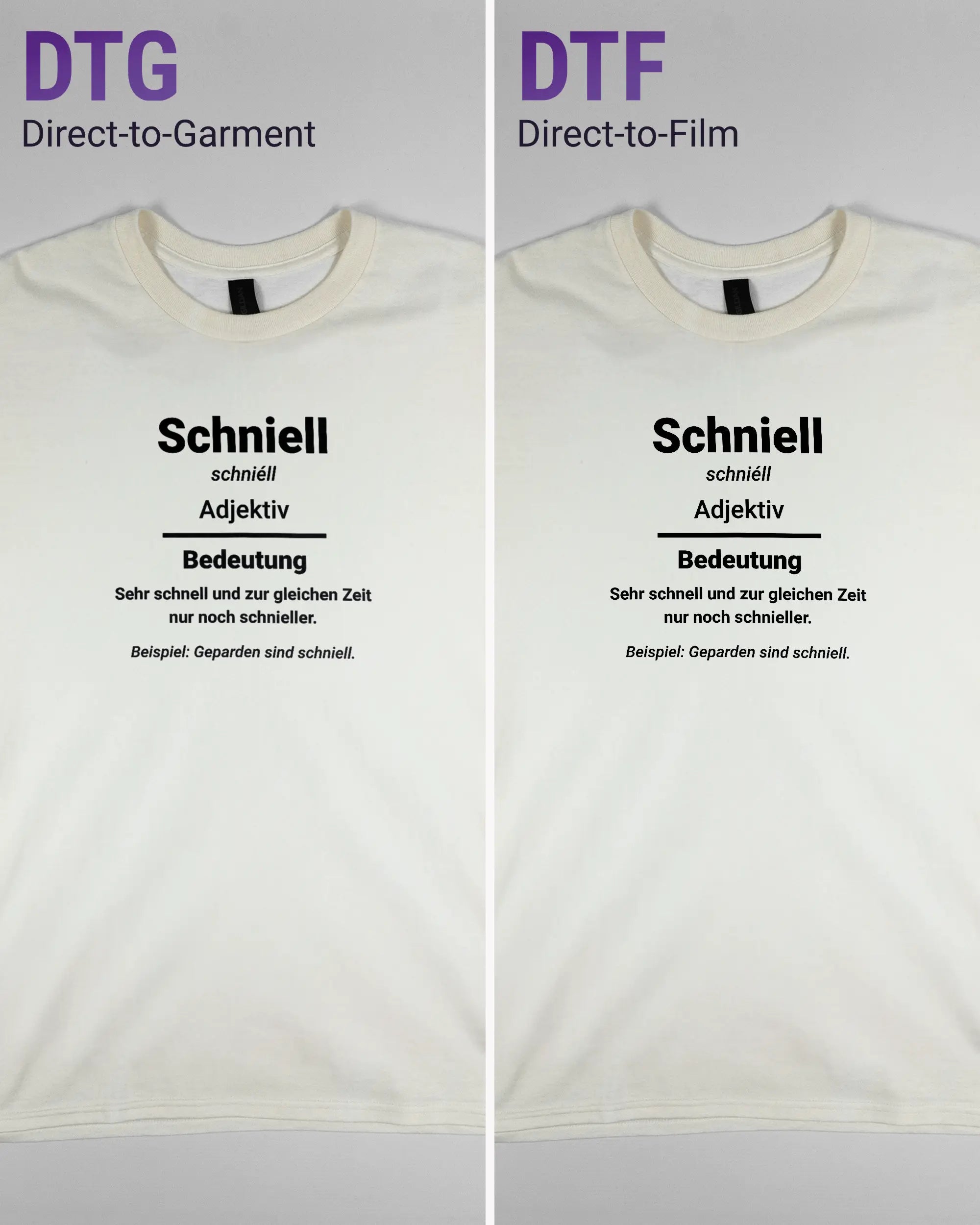 Vergleich der Vorderseiten des Basic Unisex T-Shirt Regular von Maondo mit dem Design Schniell in der Farbe White und in der Größe L links mit dem Direct-to-Garment und rechts mit dem Direct-to-Film Verfahren