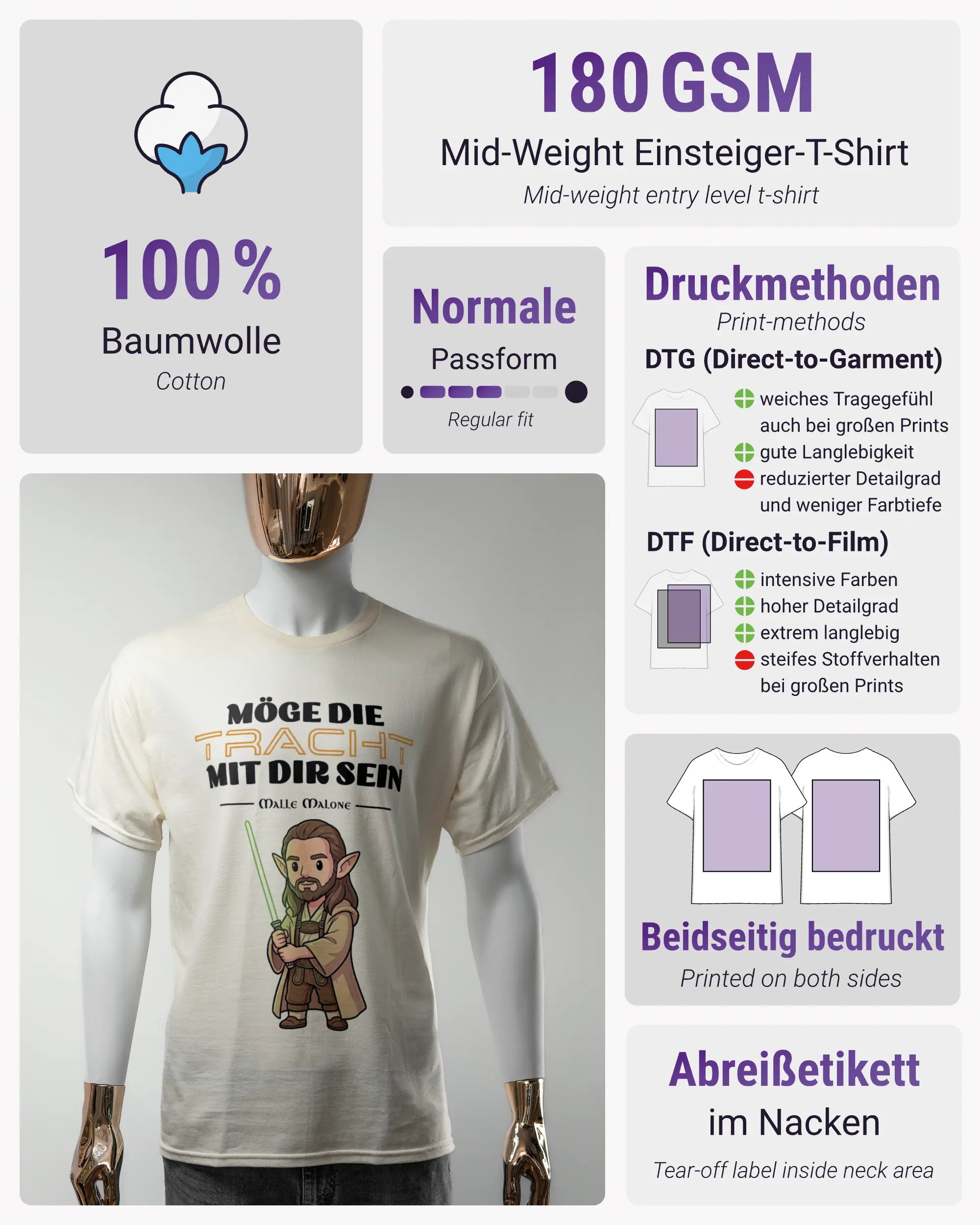 Produktinformationsblatt des Basic Unisex T-Shirt Regular von Maondo mit dem Design Tracht mit dir vorne in der Farbe White und in der Größe S
