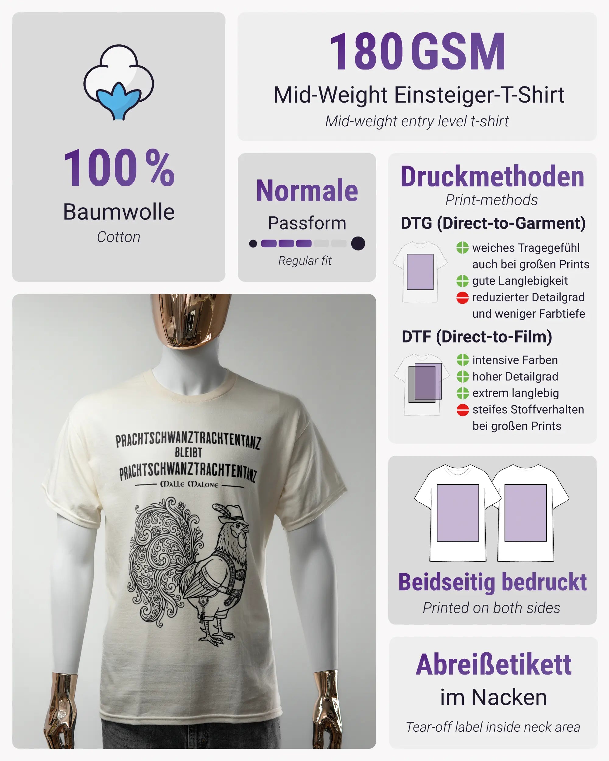 Produktinformationsblatt des Basic Unisex T-Shirt Regular von Maondo mit dem Design Trachtentanz vorne in der Farbe White und in der Größe S
