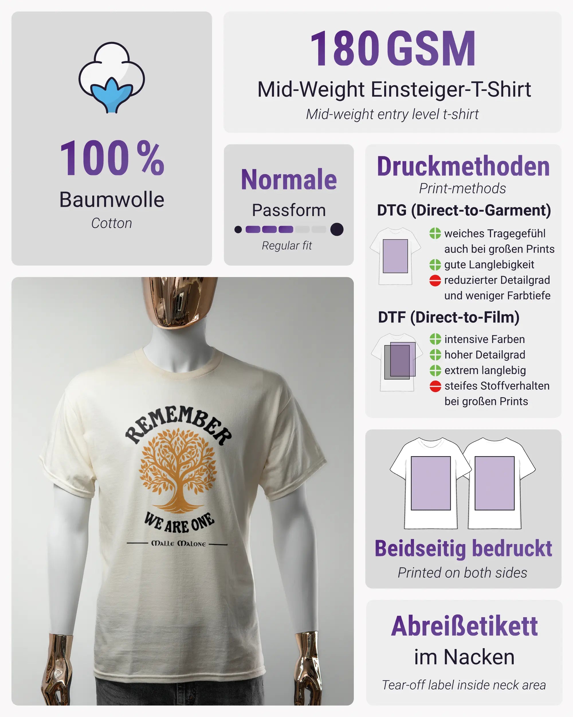 Produktinformationsblatt des Basic Unisex T-Shirt Regular von Maondo mit dem Design We are one vorne in der Farbe White und in der Größe S