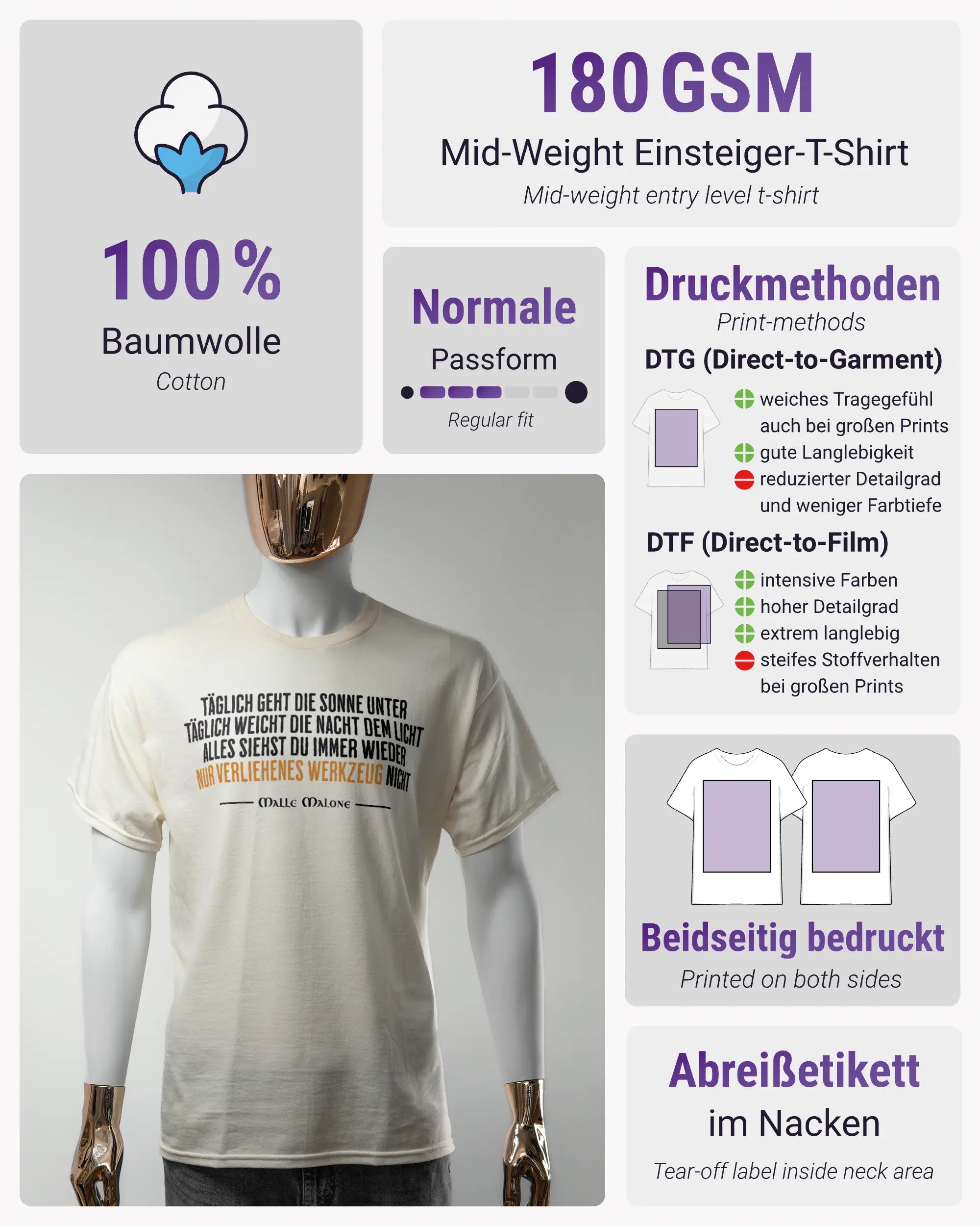 Produktinformationsblatt des Basic Unisex T-Shirt Regular von Maondo mit dem Design Wegzeug vorne in der Farbe White und in der Größe S