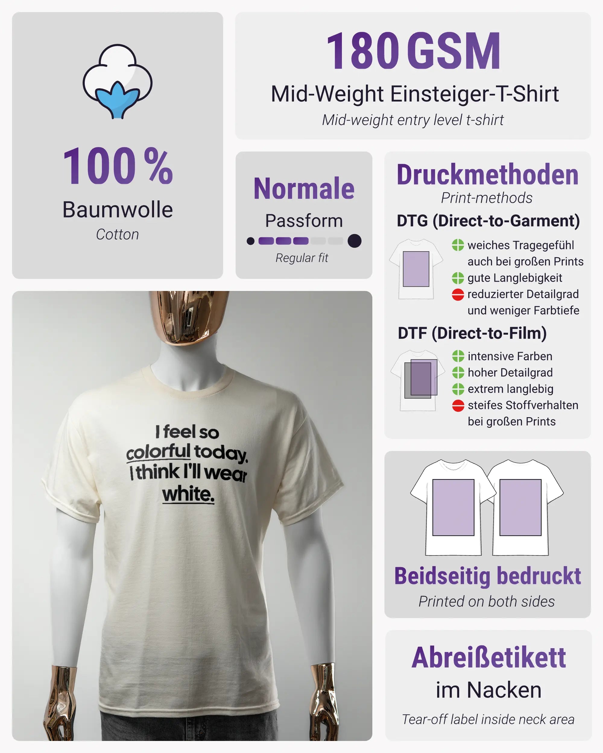 Produktinformationsblatt des Basic Unisex T-Shirt Regular von Maondo mit dem Design Colorful Day vorne in der Farbe White und in der Größe S