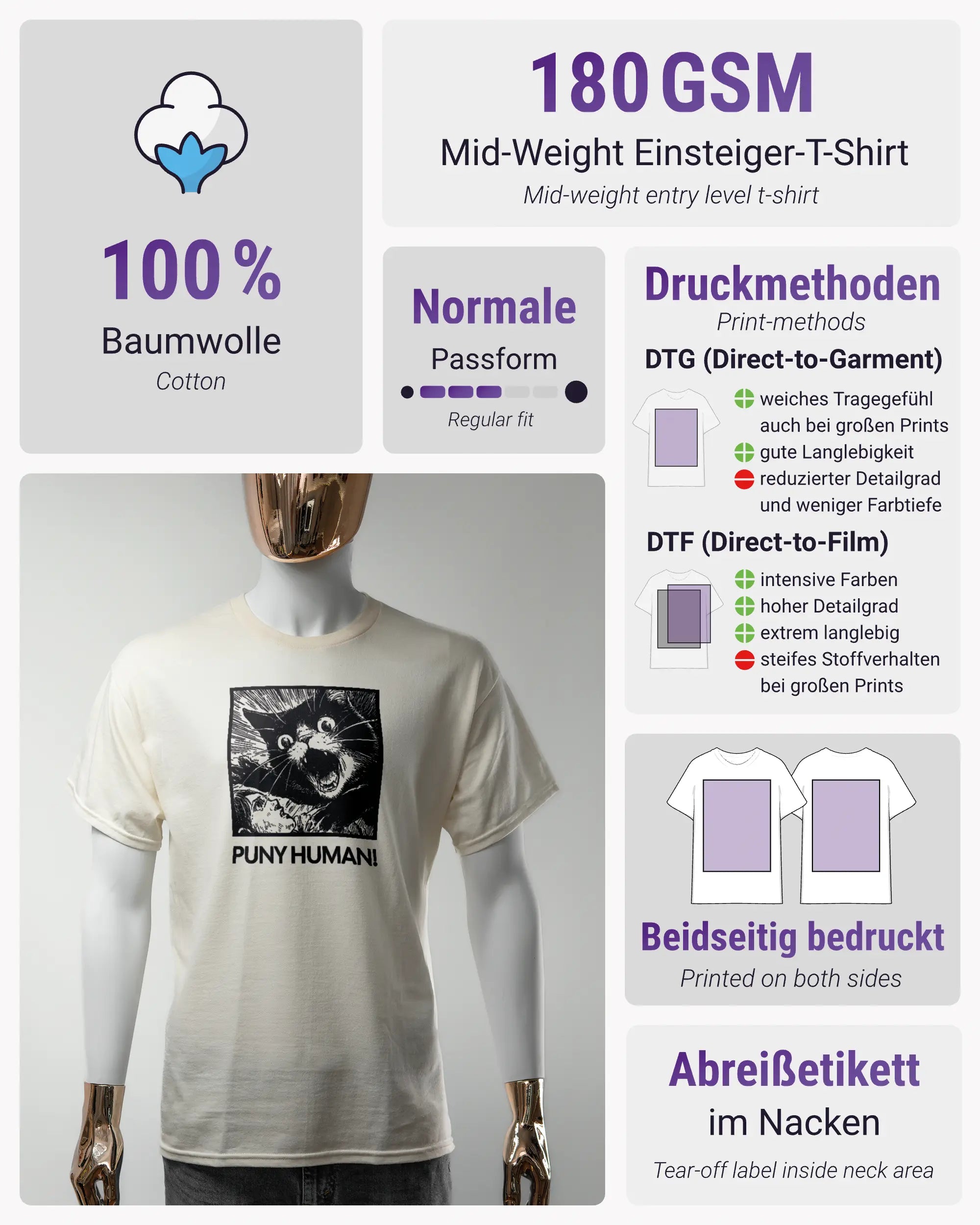 Produktinformationsblatt des Basic Unisex T-Shirt Regular von Maondo mit dem Design Puny Human vorne in der Farbe White und in der Größe S