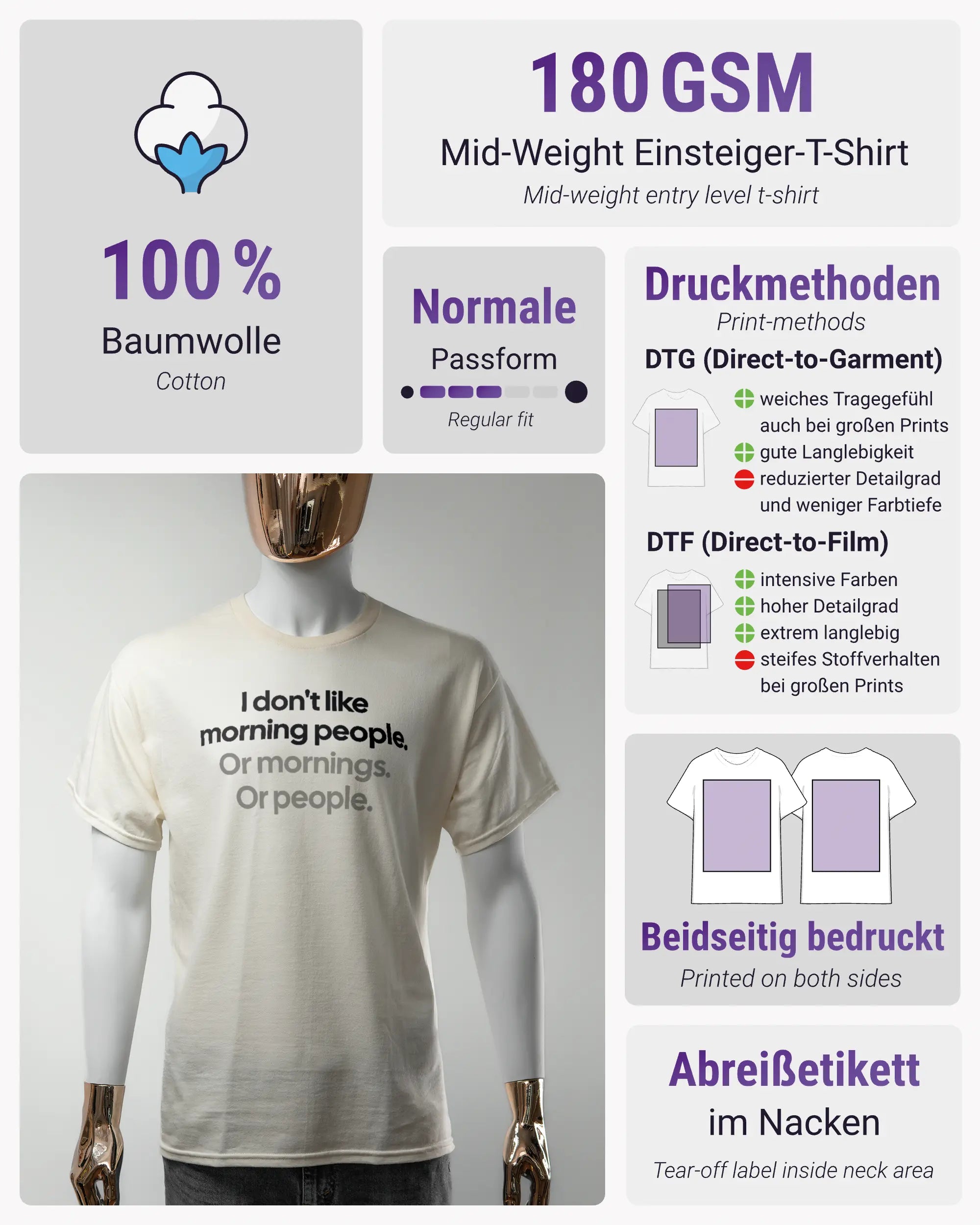 Produktinformationsblatt des Basic Unisex T-Shirt Regular von Maondo mit dem Design Morning Person vorne in der Farbe White und in der Größe S
