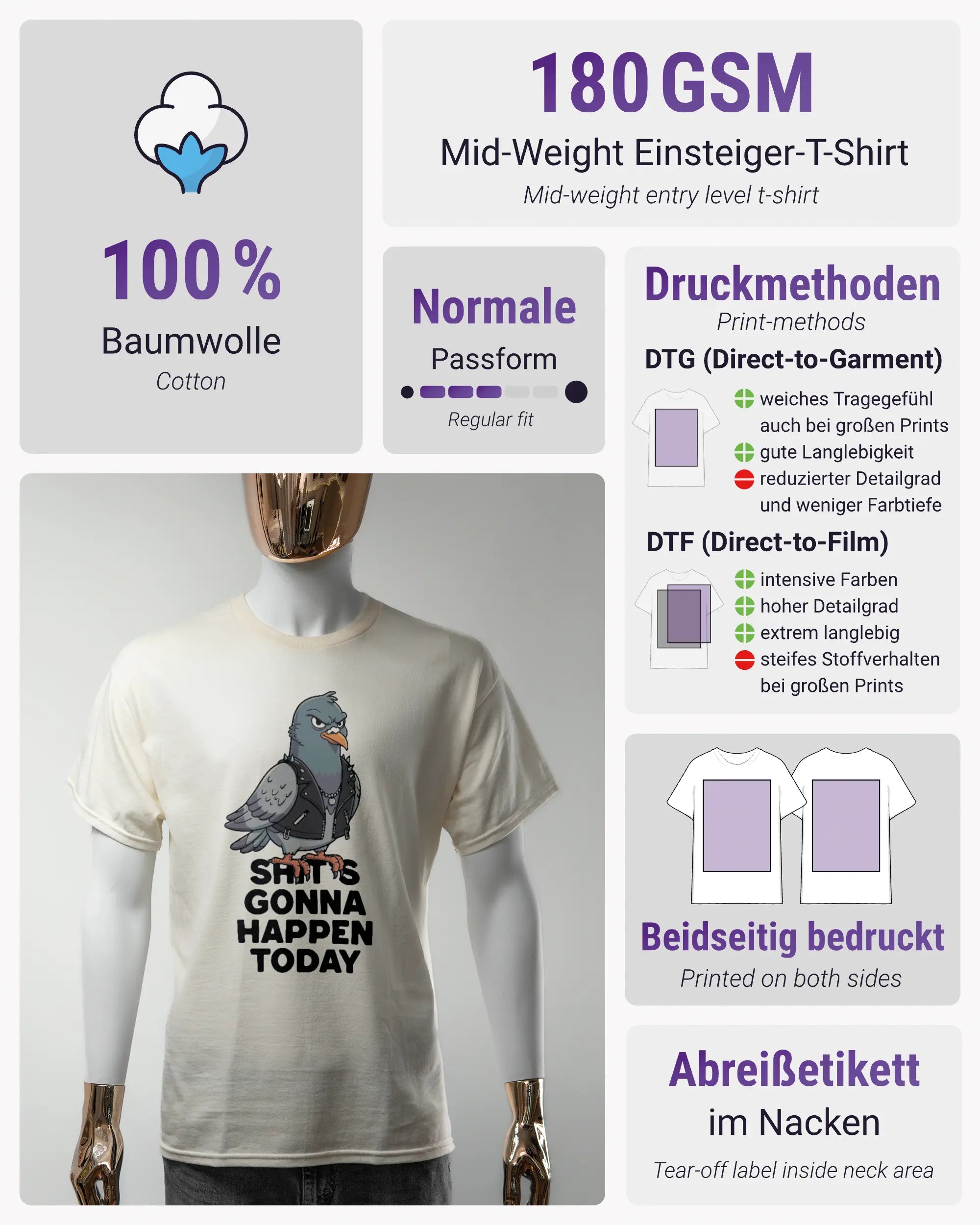 Produktinformationsblatt des Basic Unisex T-Shirt Regular von Maondo mit dem Design Pigeon Pun vorne in der Farbe White und in der Größe S