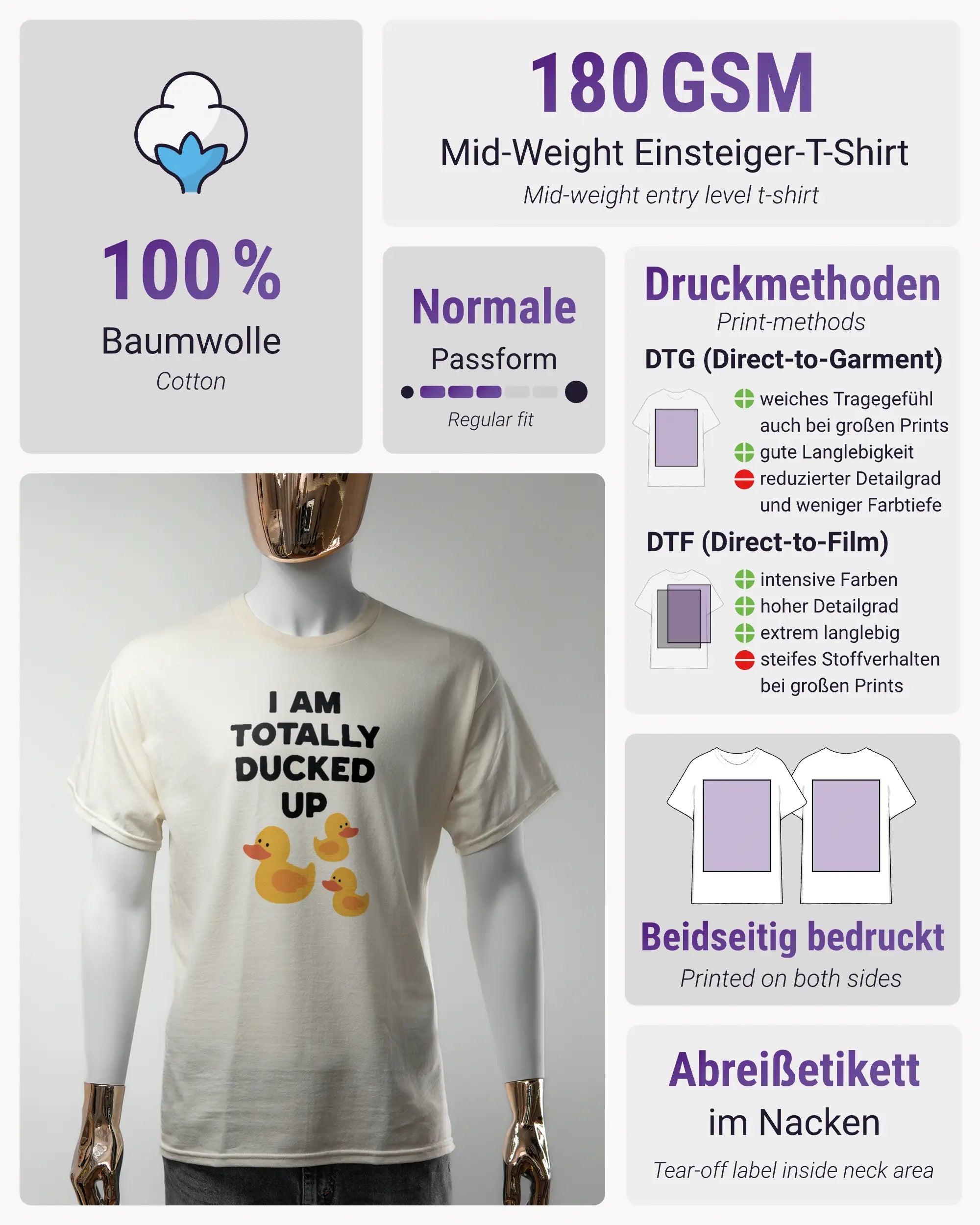 Produktinformationsblatt des Basic Unisex T-Shirt Regular von Maondo mit dem Design Ducked Up vorne in der Farbe White und in der Größe S