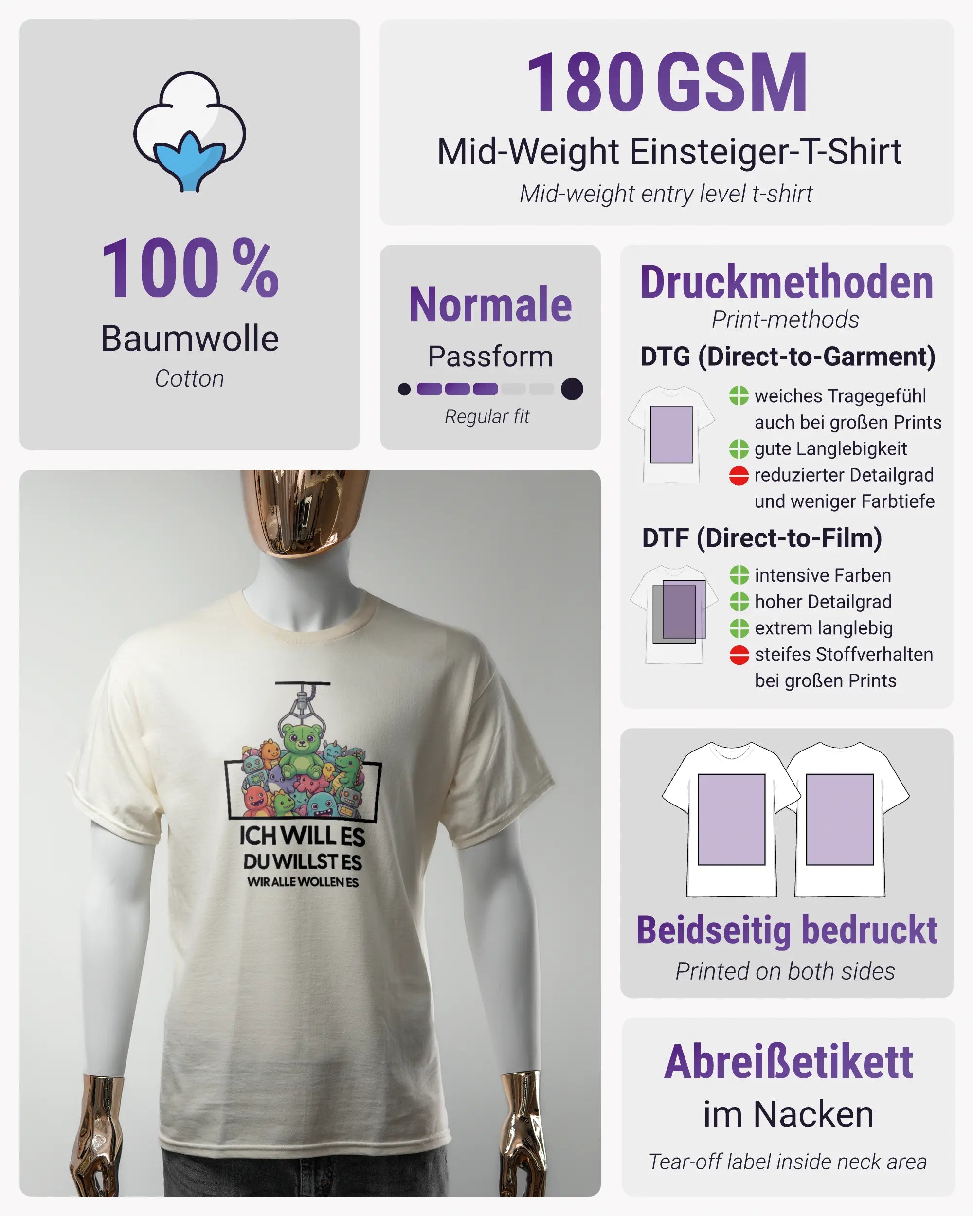 Produktinformationsblatt des Basic Unisex T-Shirt Regular von Maondo mit dem Design Will Stofftier vorne in der Farbe White und in der Größe S