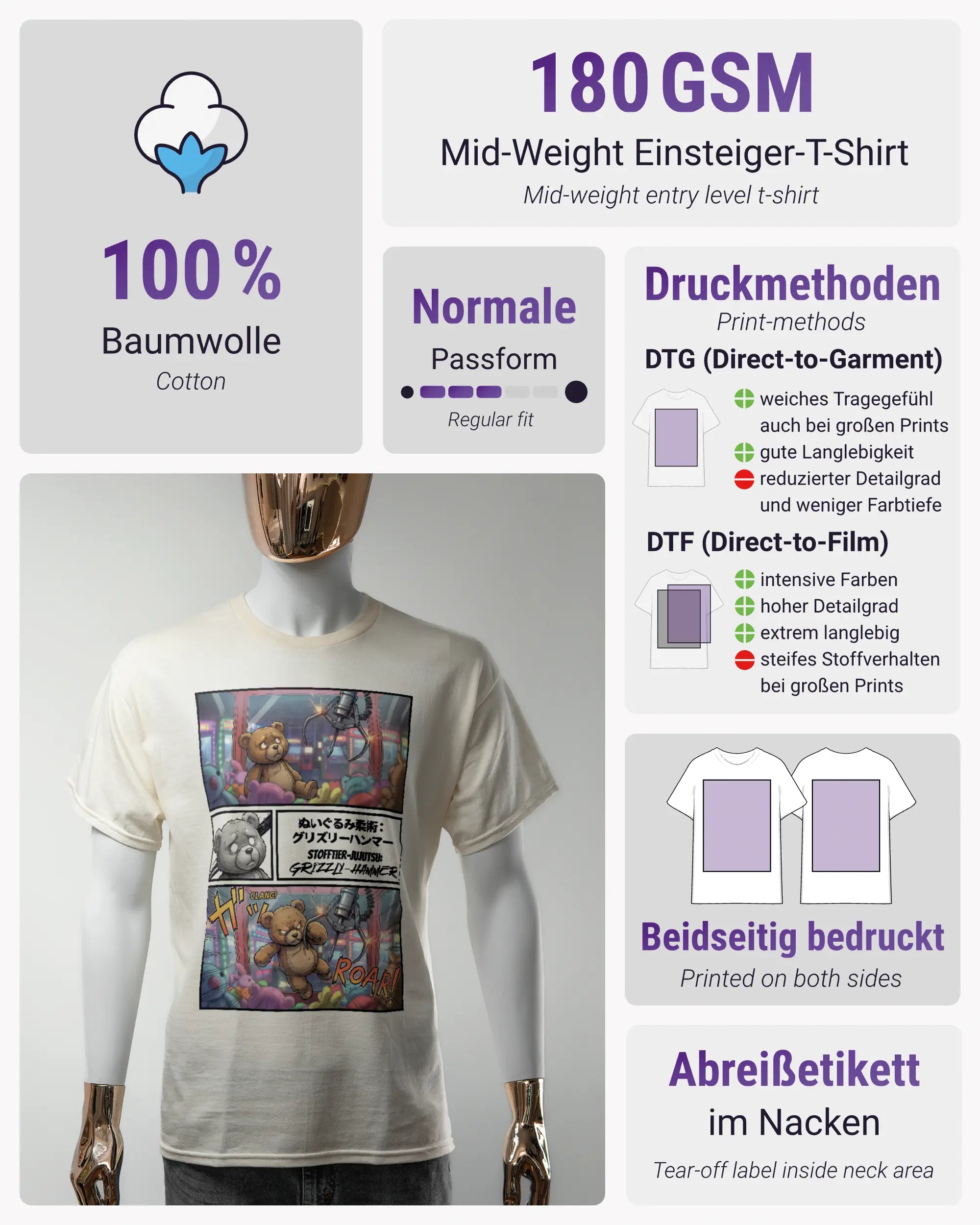 Produktinformationsblatt des Basic Unisex T-Shirt Regular von Maondo mit dem Design Manga Stoff vorne in der Farbe White und in der Größe S
