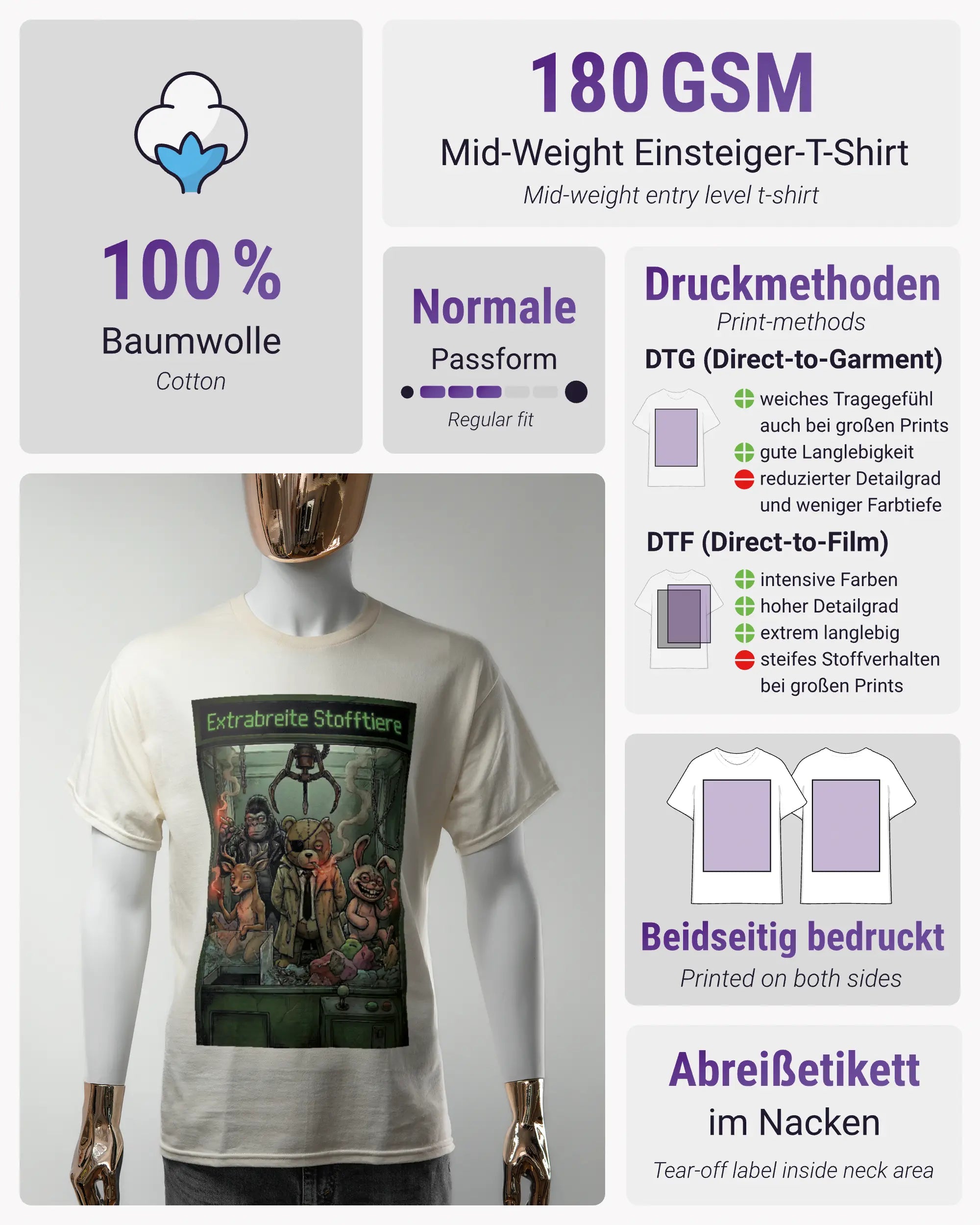 Produktinformationsblatt des Basic Unisex T-Shirt Regular von Maondo mit dem Design Extrabreit vorne in der Farbe White und in der Größe S