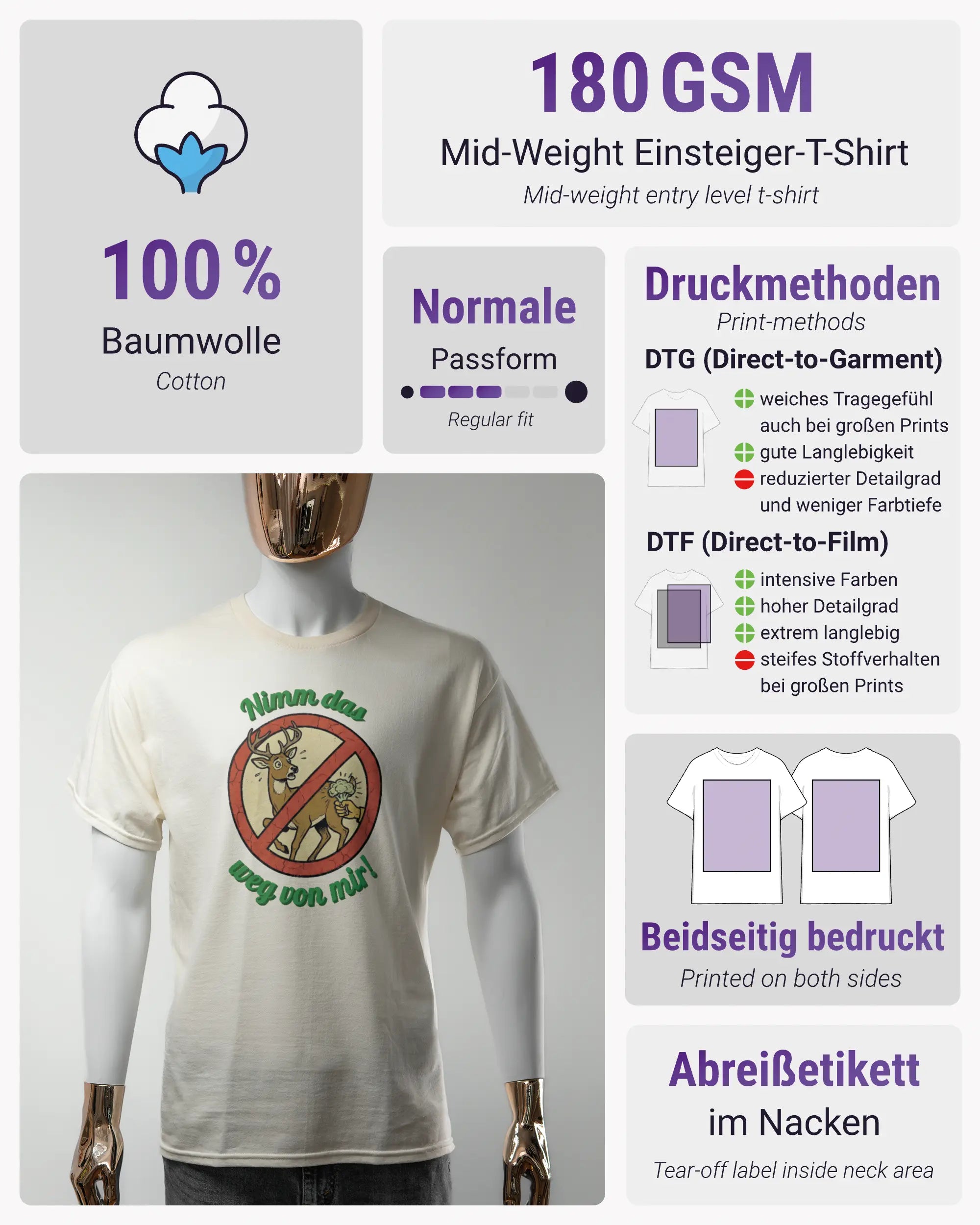 Produktinformationsblatt des Basic Unisex T-Shirt Regular von Maondo mit dem Design Reh weg vorne in der Farbe White und in der Größe S