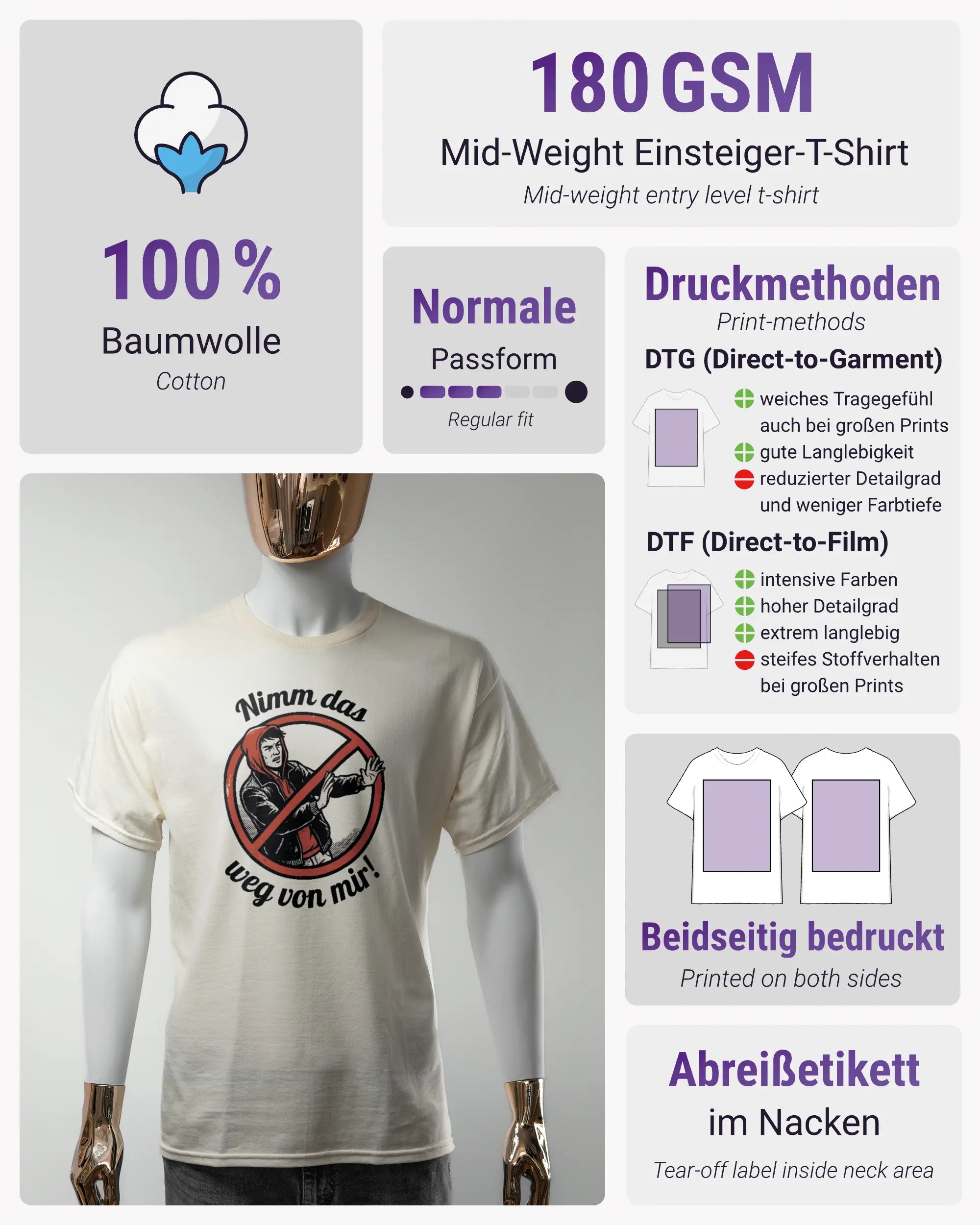 Produktinformationsblatt des Basic Unisex T-Shirt Regular von Maondo mit dem Design Nimm das weg vorne in der Farbe White und in der Größe S