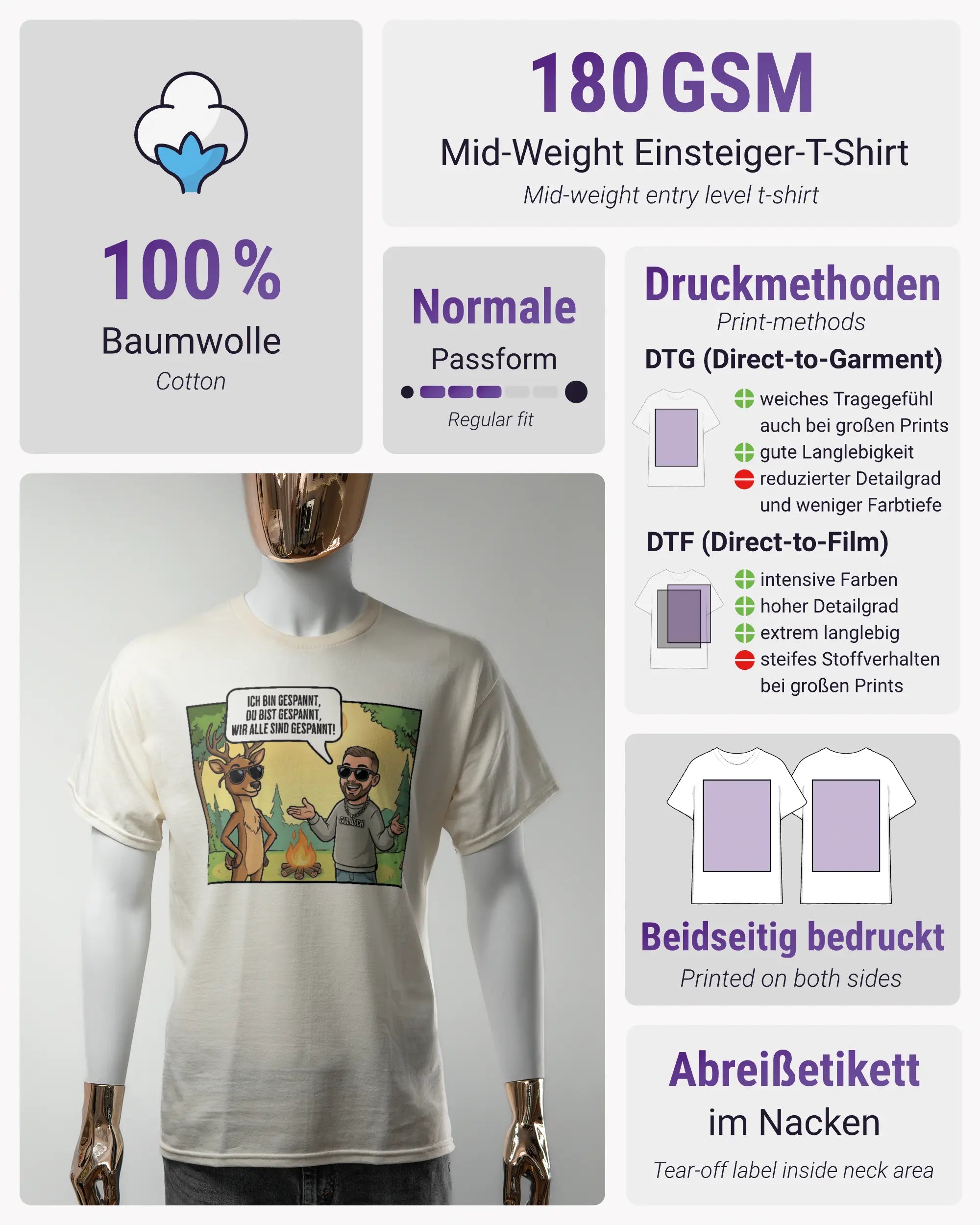 Produktinformationsblatt des Basic Unisex T-Shirt Regular von Maondo mit dem Design Vollspannung vorne in der Farbe White und in der Größe S