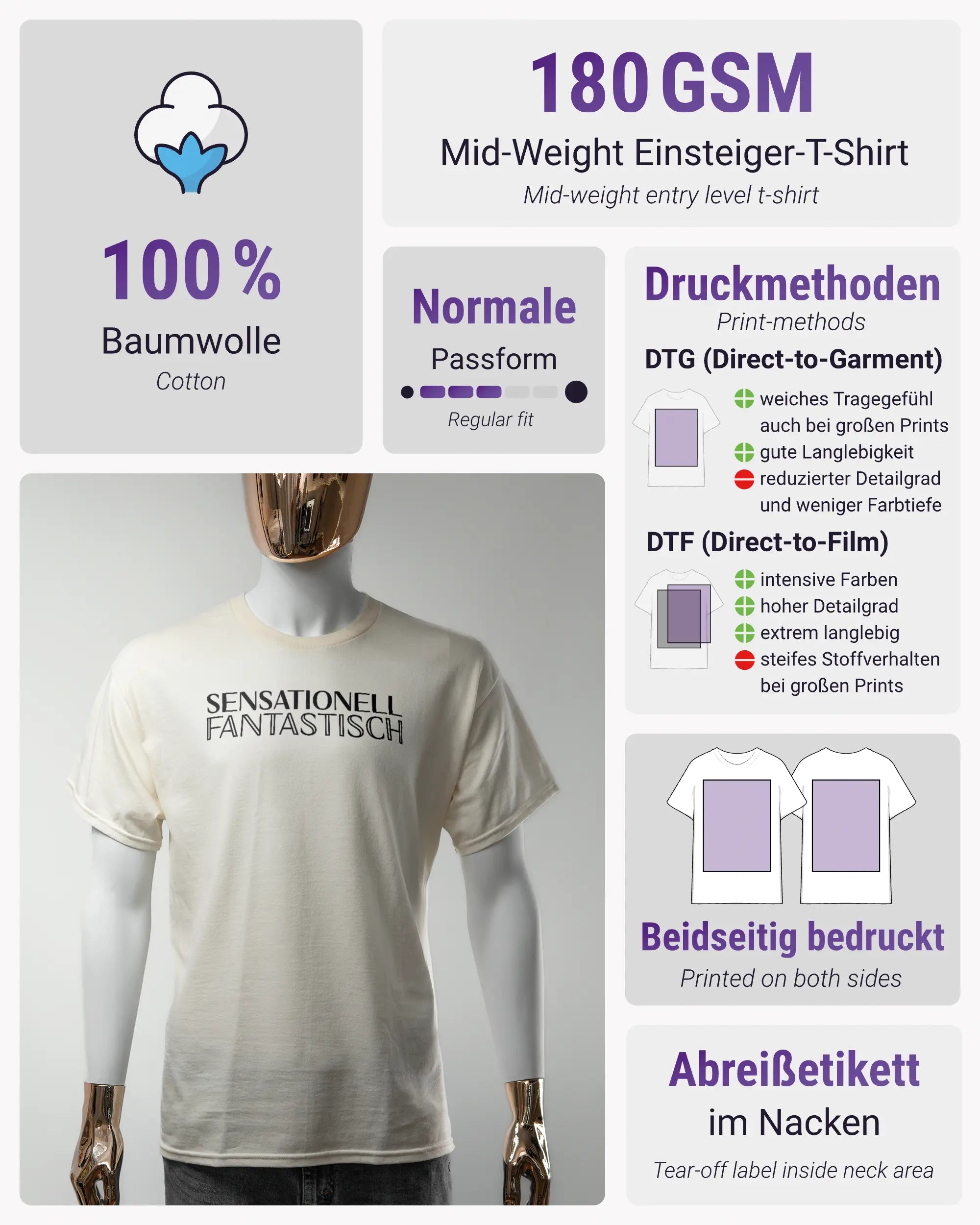 Produktinformationsblatt des Basic Unisex T-Shirt Regular von Maondo mit dem Design Sensationell vorne in der Farbe White und in der Größe S