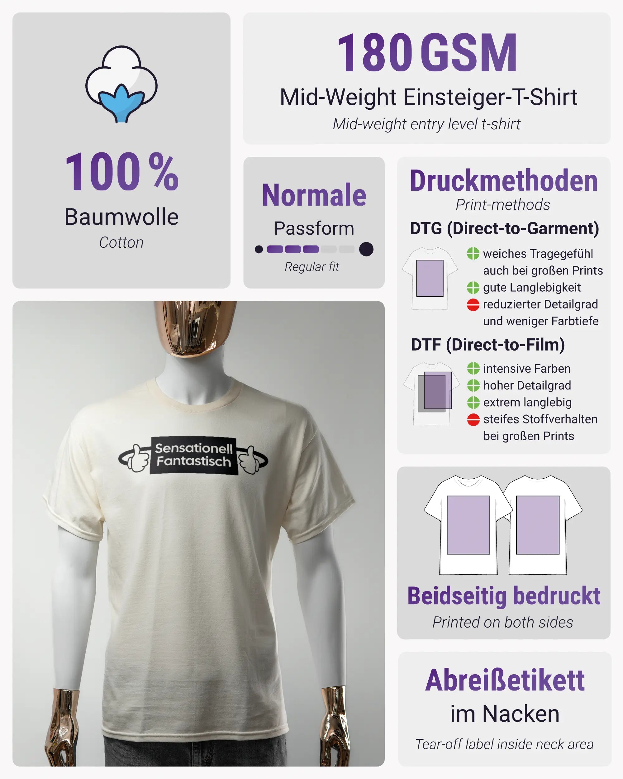 Produktinformationsblatt des Basic Unisex T-Shirt Regular von Maondo mit dem Design Fantastisch vorne in der Farbe White und in der Größe S