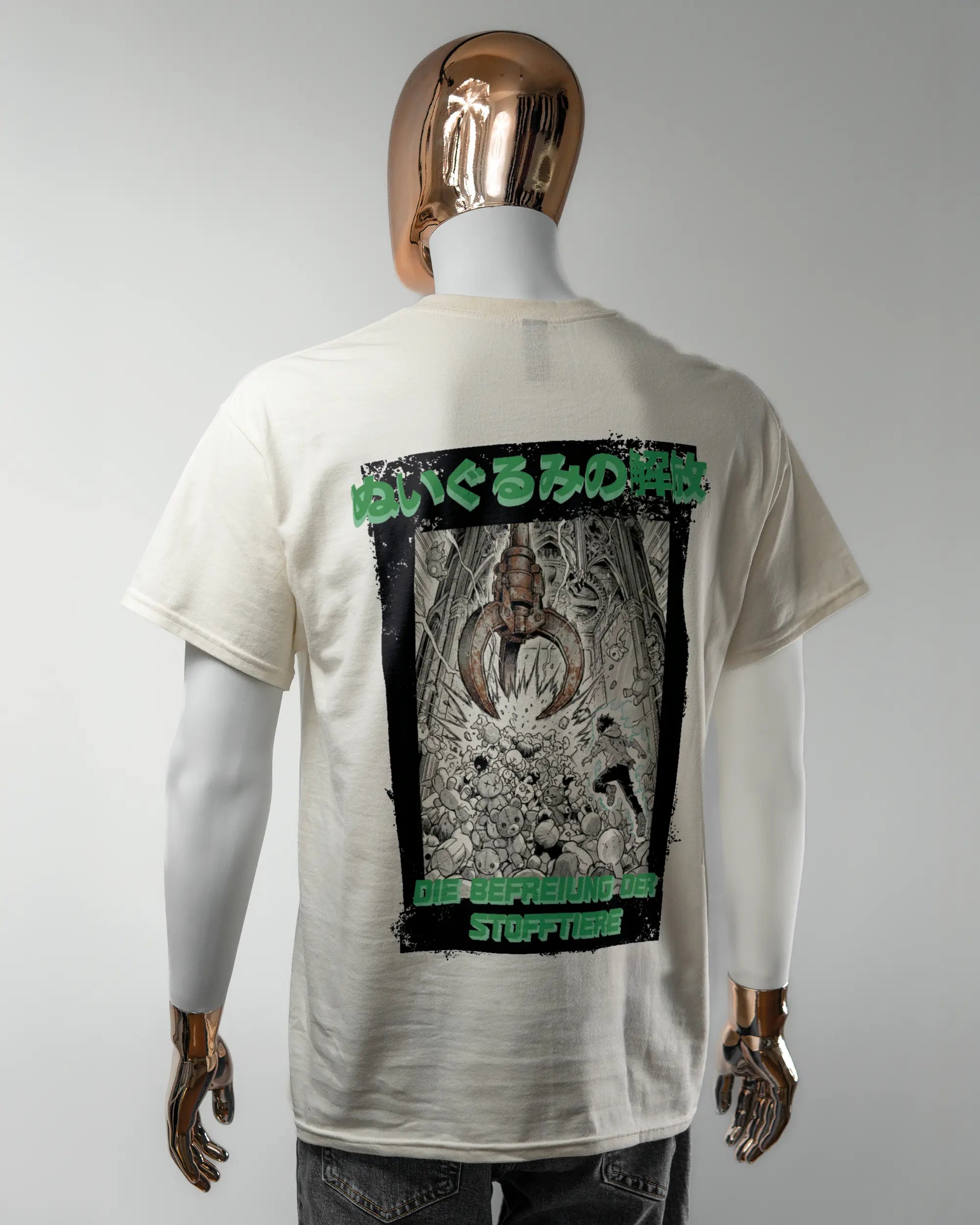 Rückseite des Basic Unisex T-Shirt Regular von Maondo mit dem Design Save 1 Stofftier in der Farbe White und in der Größe L getragen von einer maskulinen Puppe