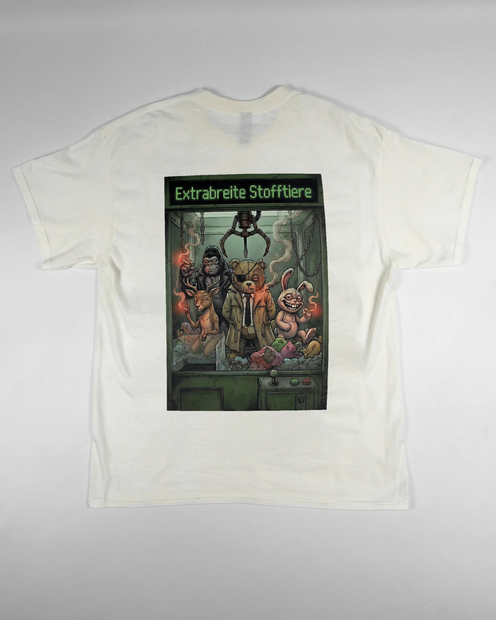 Rückseite des Basic Unisex T-Shirt Regular von Maondo mit dem Design Extrabreit in der Farbe White und in der Größe L flach auf den Boden gelegt