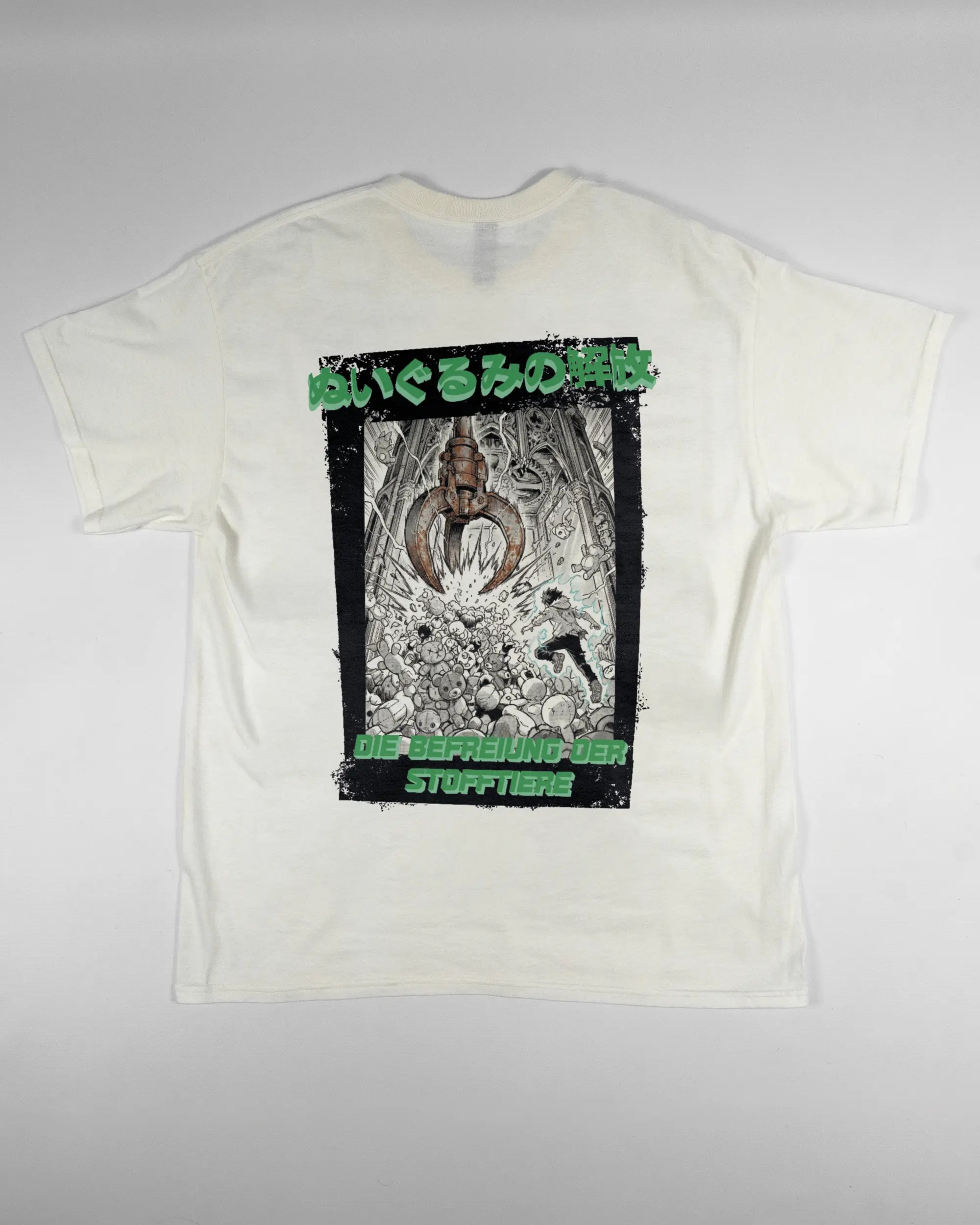 Rückseite des Basic Unisex T-Shirt Regular von Maondo mit dem Design Save 1 Stofftier in der Farbe White und in der Größe L flach auf den Boden gelegt