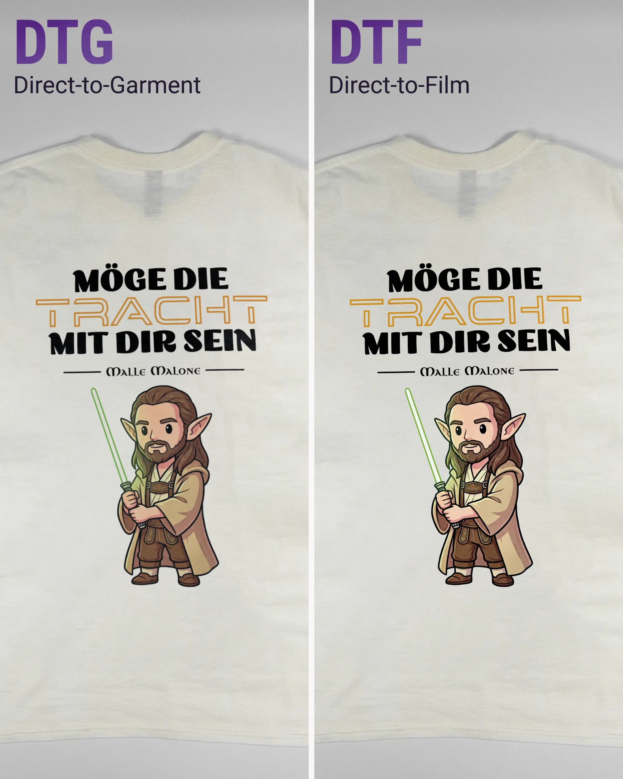 Vergleich der Rückseiten des Basic Unisex T-Shirt Regular von Maondo mit dem Design Tracht mit dir in der Farbe White und in der Größe L links mit dem Direct-to-Garment und rechts mit dem Direct-to-Film Verfahren