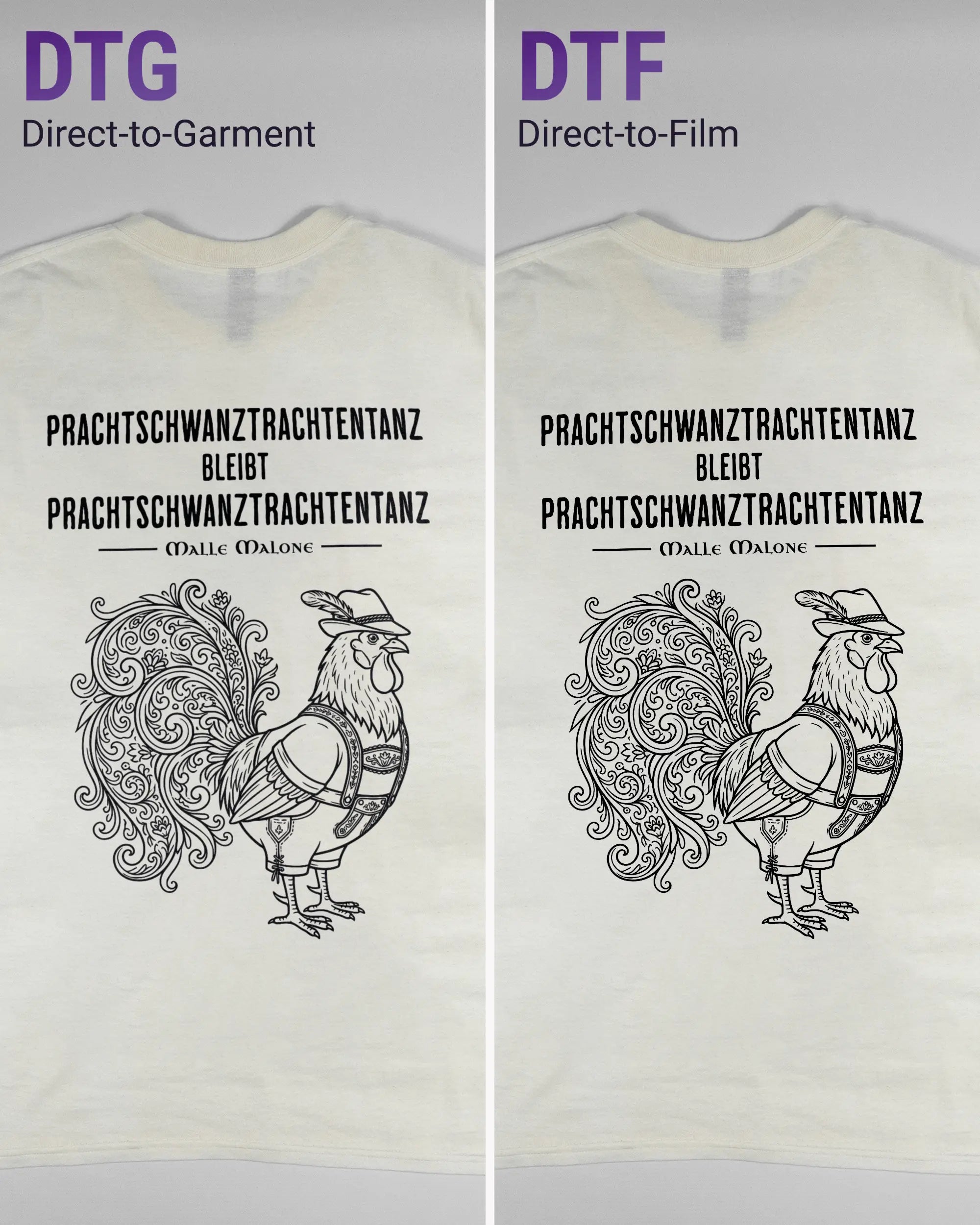 Vergleich der Rückseiten des Basic Unisex T-Shirt Regular von Maondo mit dem Design Trachtentanz in der Farbe White und in der Größe L links mit dem Direct-to-Garment und rechts mit dem Direct-to-Film Verfahren