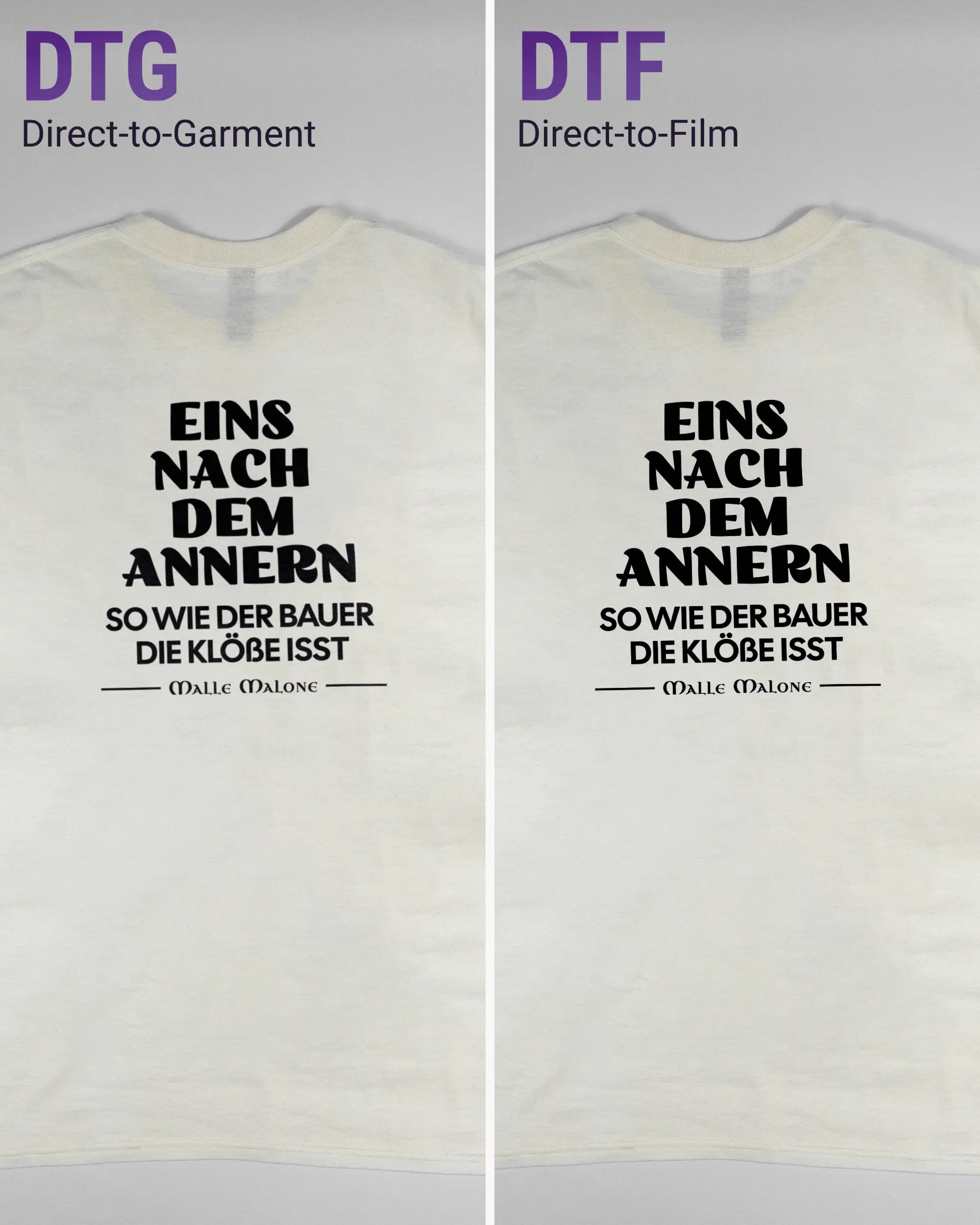 Vergleich der Rückseiten des Basic Unisex T-Shirt Regular von Maondo mit dem Design Eins nach dem Annern in der Farbe White und in der Größe L links mit dem Direct-to-Garment und rechts mit dem Direct-to-Film Verfahren