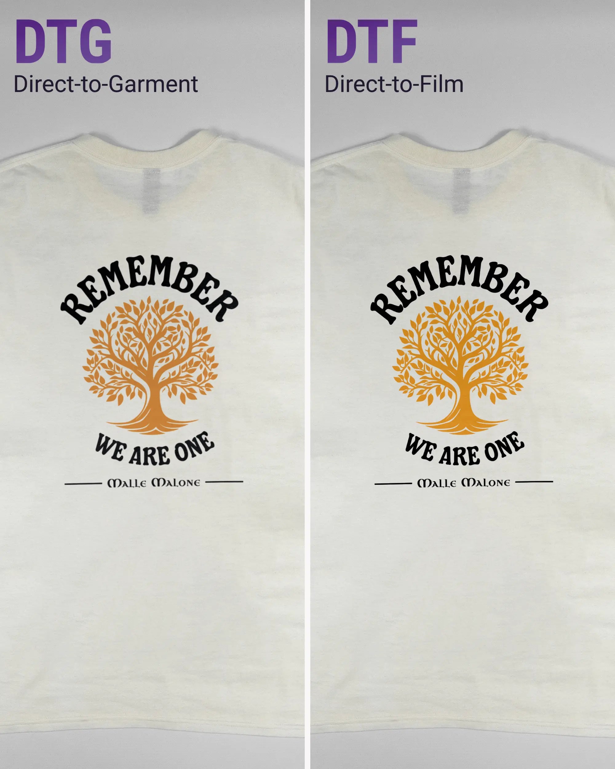 Vergleich der Rückseiten des Basic Unisex T-Shirt Regular von Maondo mit dem Design We are one in der Farbe White und in der Größe L links mit dem Direct-to-Garment und rechts mit dem Direct-to-Film Verfahren
