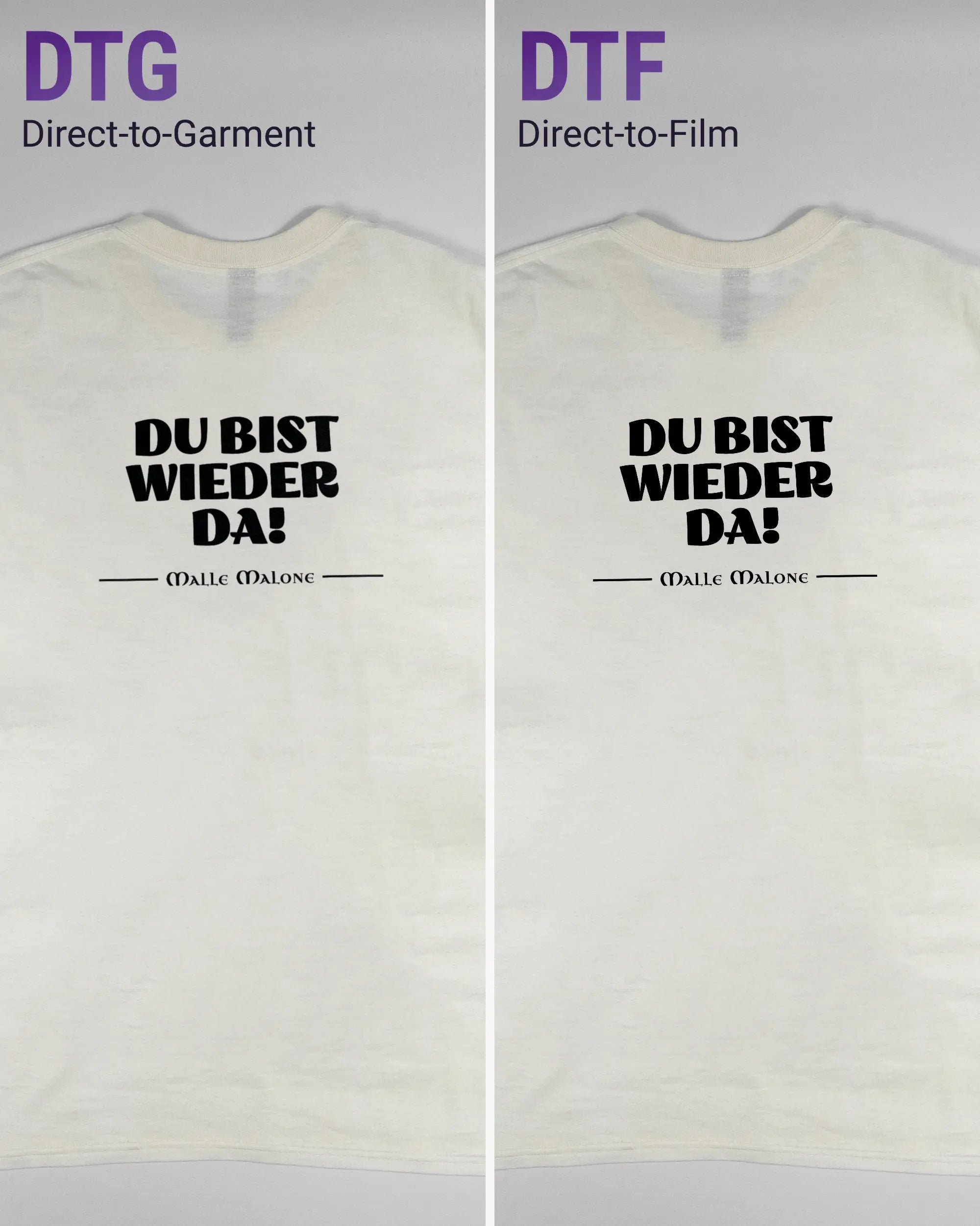 Vergleich der Rückseiten des Basic Unisex T-Shirt Regular von Maondo mit dem Design Wieder da in der Farbe White und in der Größe L links mit dem Direct-to-Garment und rechts mit dem Direct-to-Film Verfahren