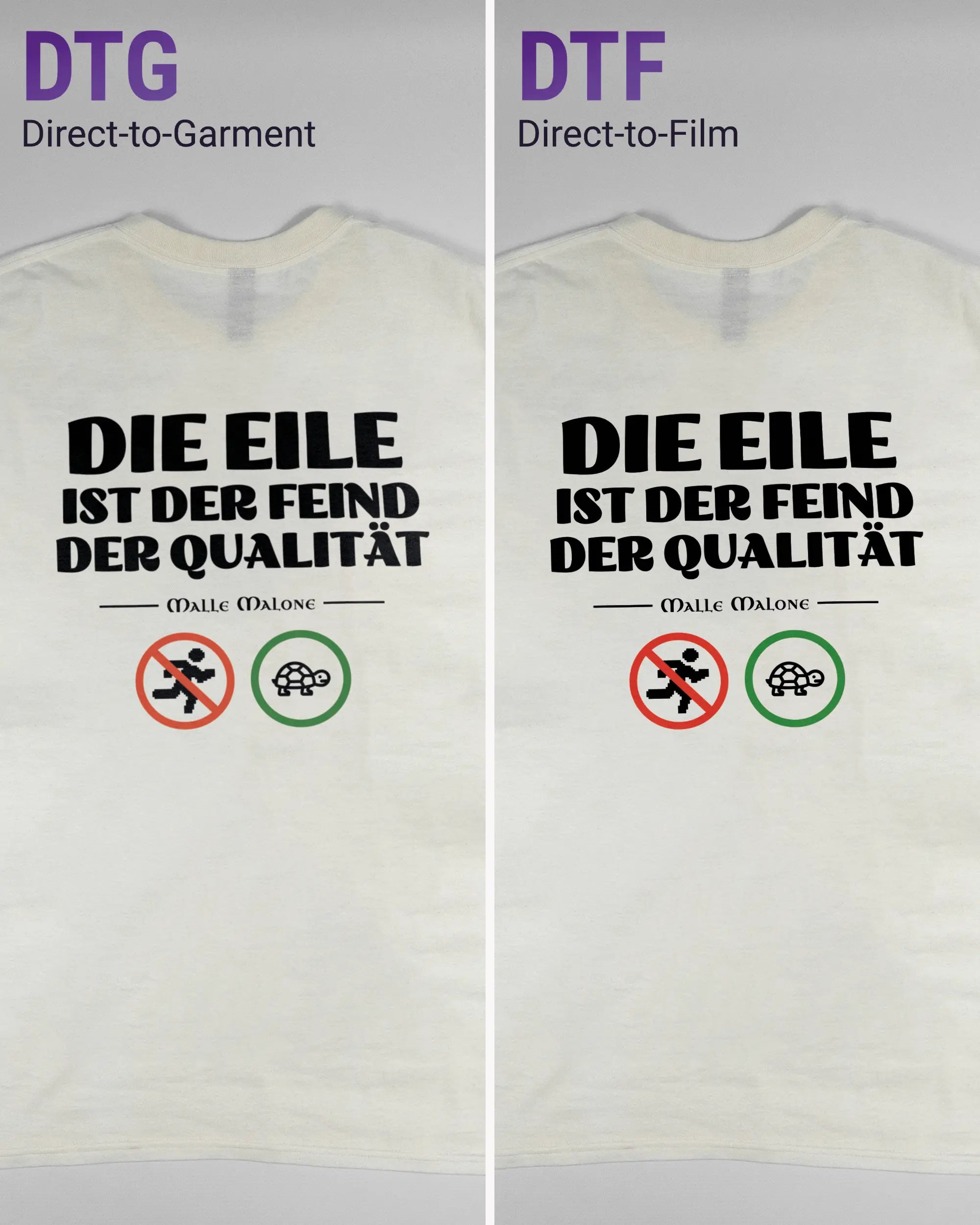Vergleich der Rückseiten des Basic Unisex T-Shirt Regular von Maondo mit dem Design Keine Eile in der Farbe White und in der Größe L links mit dem Direct-to-Garment und rechts mit dem Direct-to-Film Verfahren