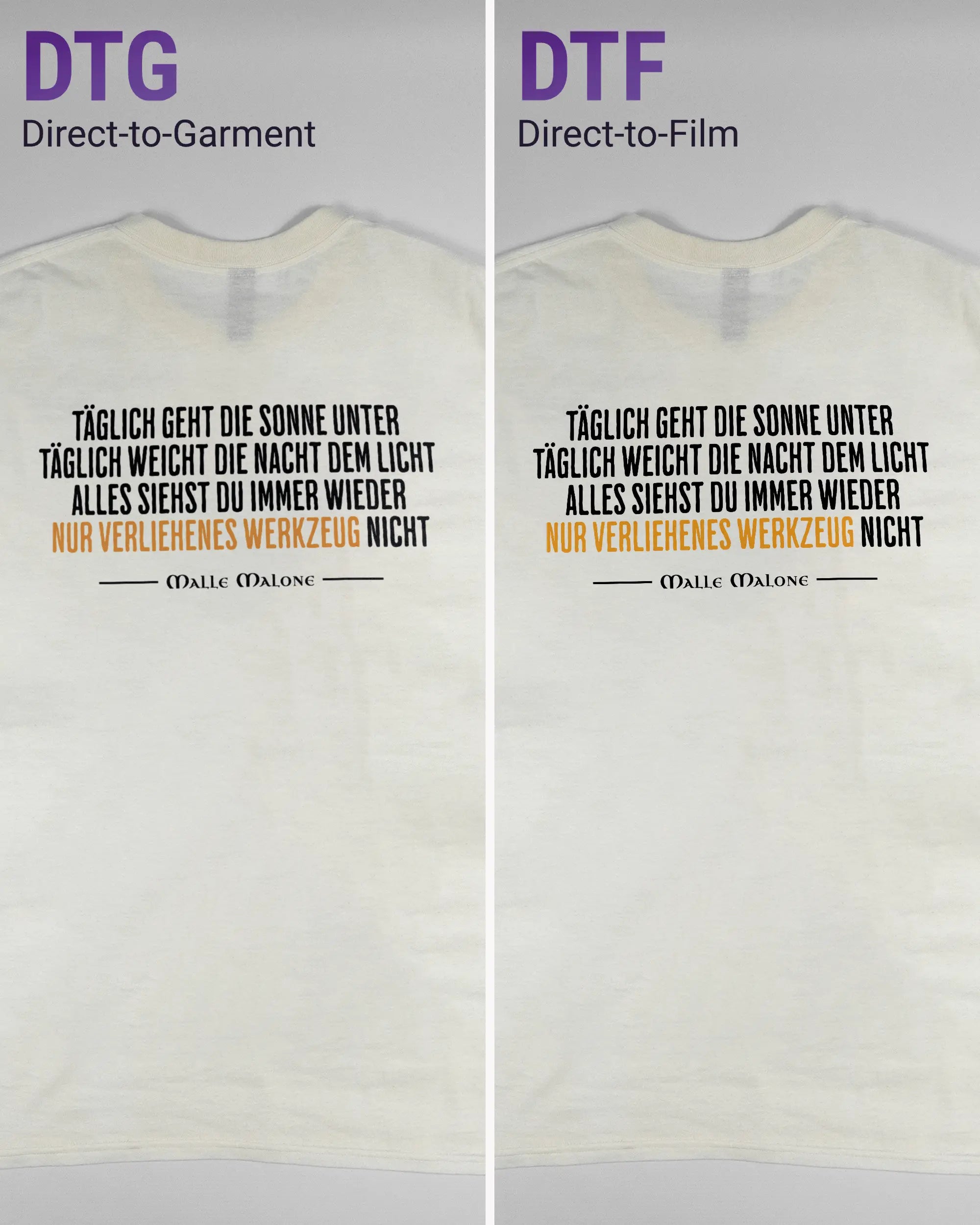 Vergleich der Rückseiten des Basic Unisex T-Shirt Regular von Maondo mit dem Design Wegzeug in der Farbe White und in der Größe L links mit dem Direct-to-Garment und rechts mit dem Direct-to-Film Verfahren
