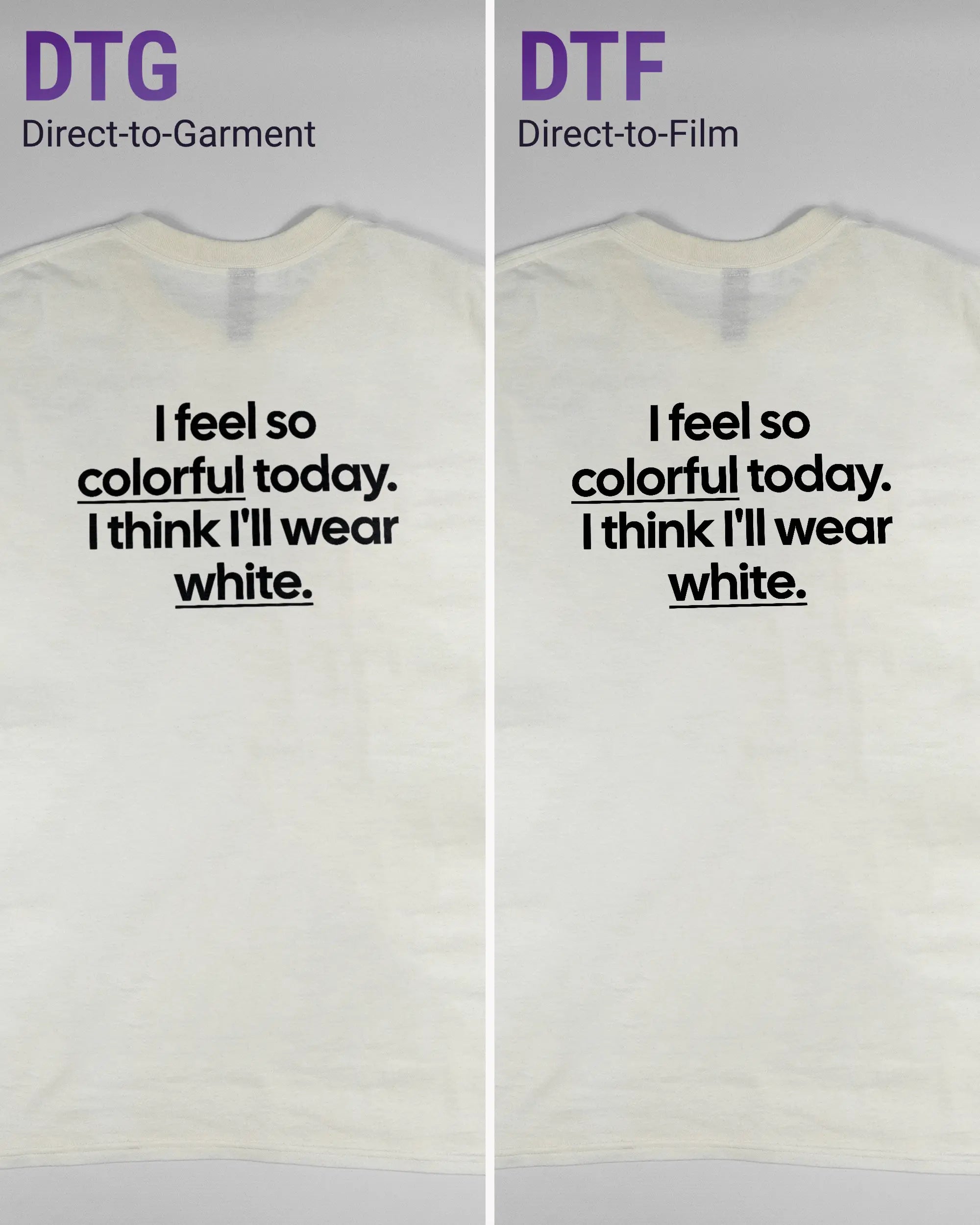 Vergleich der Rückseiten des Basic Unisex T-Shirt Regular von Maondo mit dem Design Colorful Day in der Farbe White und in der Größe L links mit dem Direct-to-Garment und rechts mit dem Direct-to-Film Verfahren