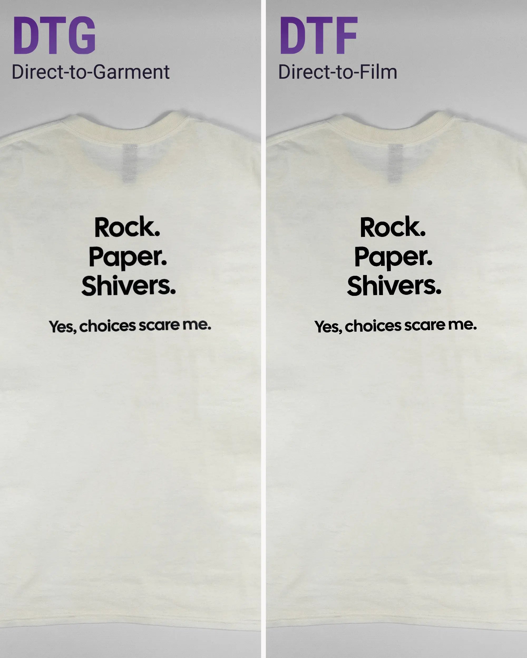 Vergleich der Rückseiten des Basic Unisex T-Shirt Regular von Maondo mit dem Design Rock Paper Shivers in der Farbe White und in der Größe L links mit dem Direct-to-Garment und rechts mit dem Direct-to-Film Verfahren