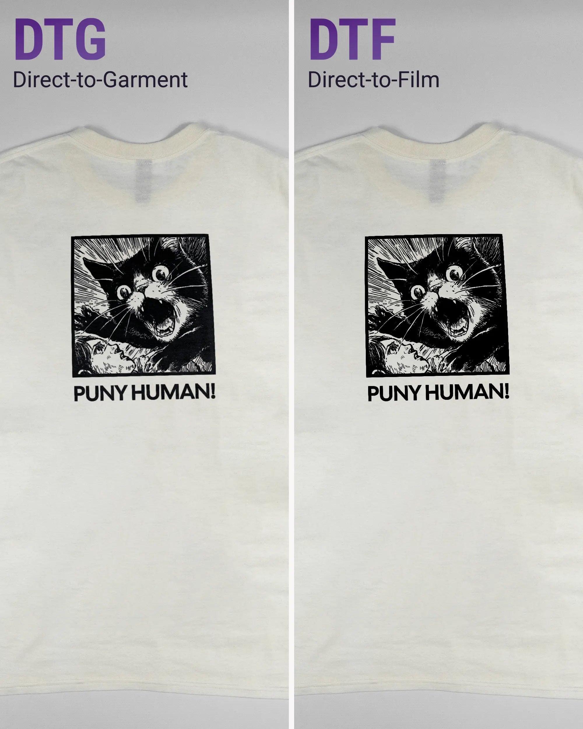 Vergleich der Rückseiten des Basic Unisex T-Shirt Regular von Maondo mit dem Design Puny Human in der Farbe White und in der Größe L links mit dem Direct-to-Garment und rechts mit dem Direct-to-Film Verfahren