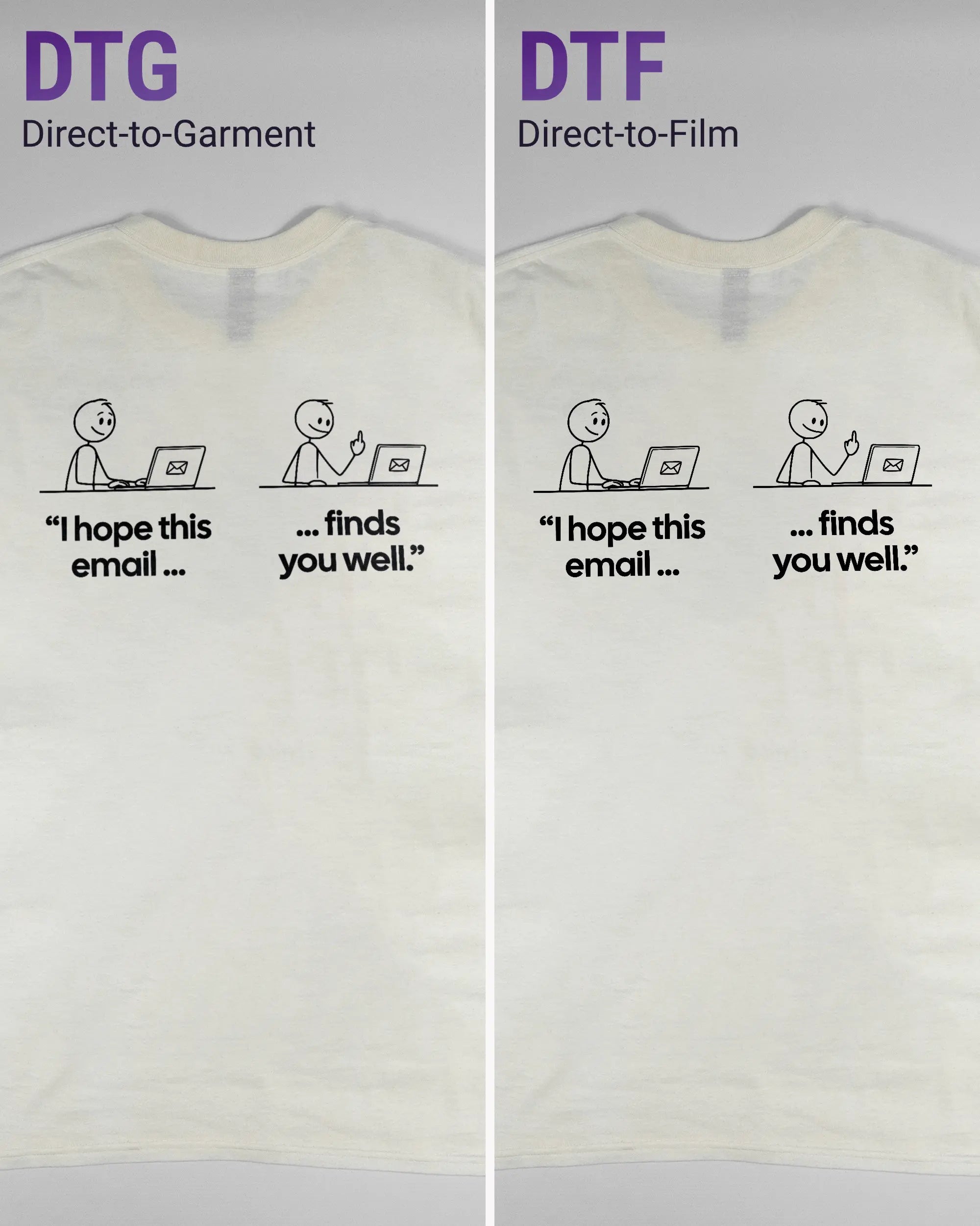 Vergleich der Rückseiten des Basic Unisex T-Shirt Regular von Maondo mit dem Design Found me not well in der Farbe White und in der Größe L links mit dem Direct-to-Garment und rechts mit dem Direct-to-Film Verfahren