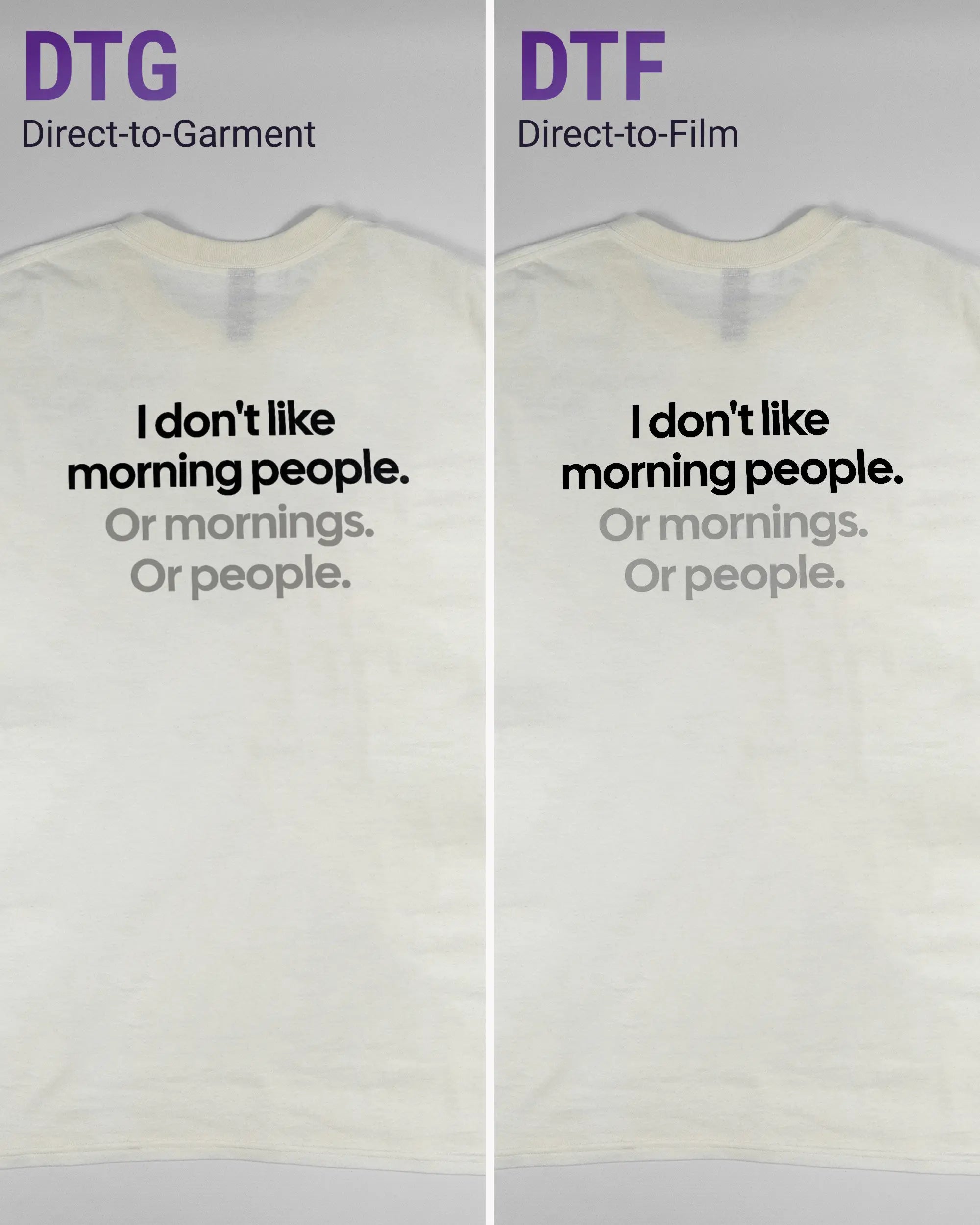 Vergleich der Rückseiten des Basic Unisex T-Shirt Regular von Maondo mit dem Design Morning Person in der Farbe White und in der Größe L links mit dem Direct-to-Garment und rechts mit dem Direct-to-Film Verfahren