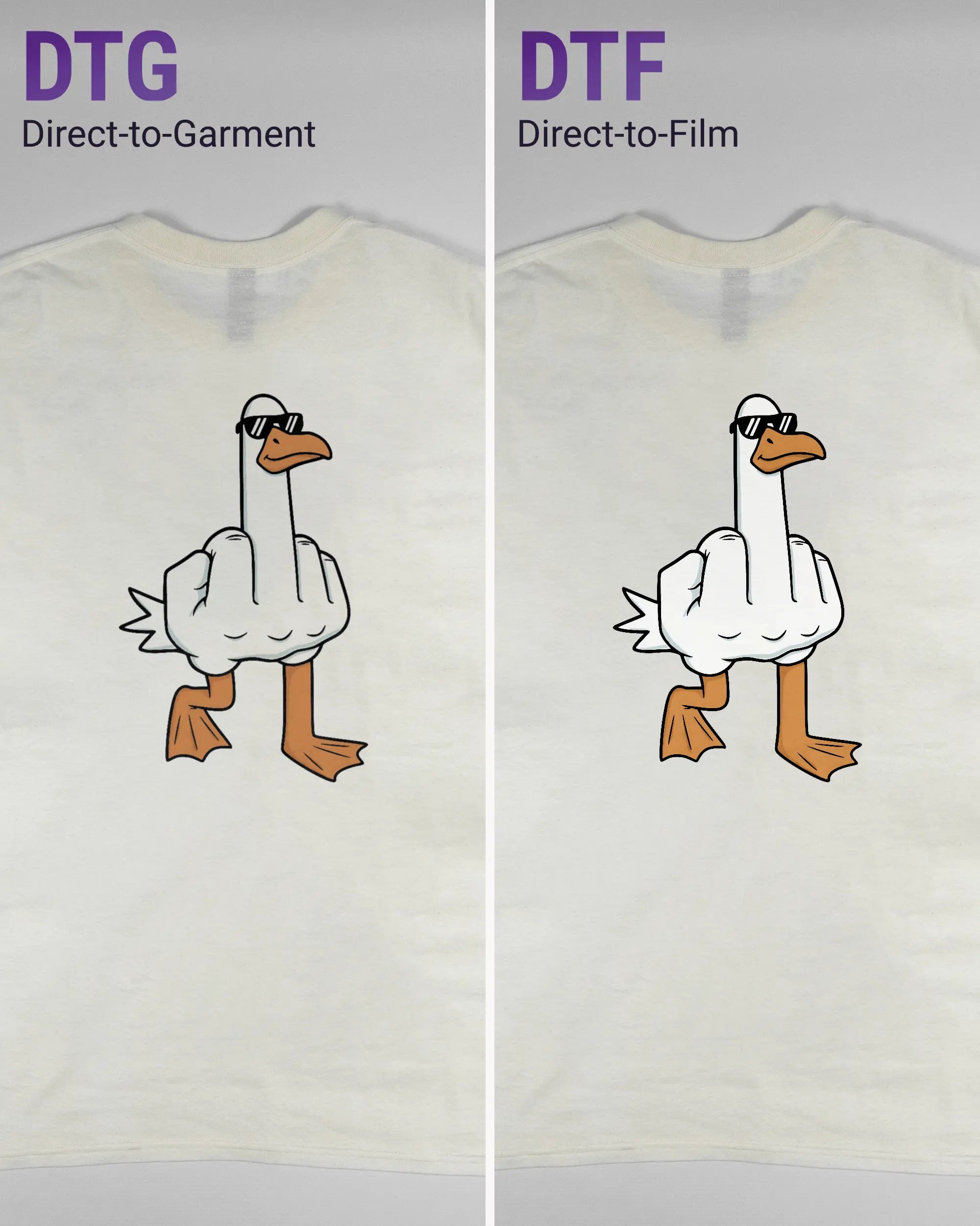 Vergleich der Rückseiten des Basic Unisex T-Shirt Regular von Maondo mit dem Design I give a duck in der Farbe White und in der Größe L links mit dem Direct-to-Garment und rechts mit dem Direct-to-Film Verfahren