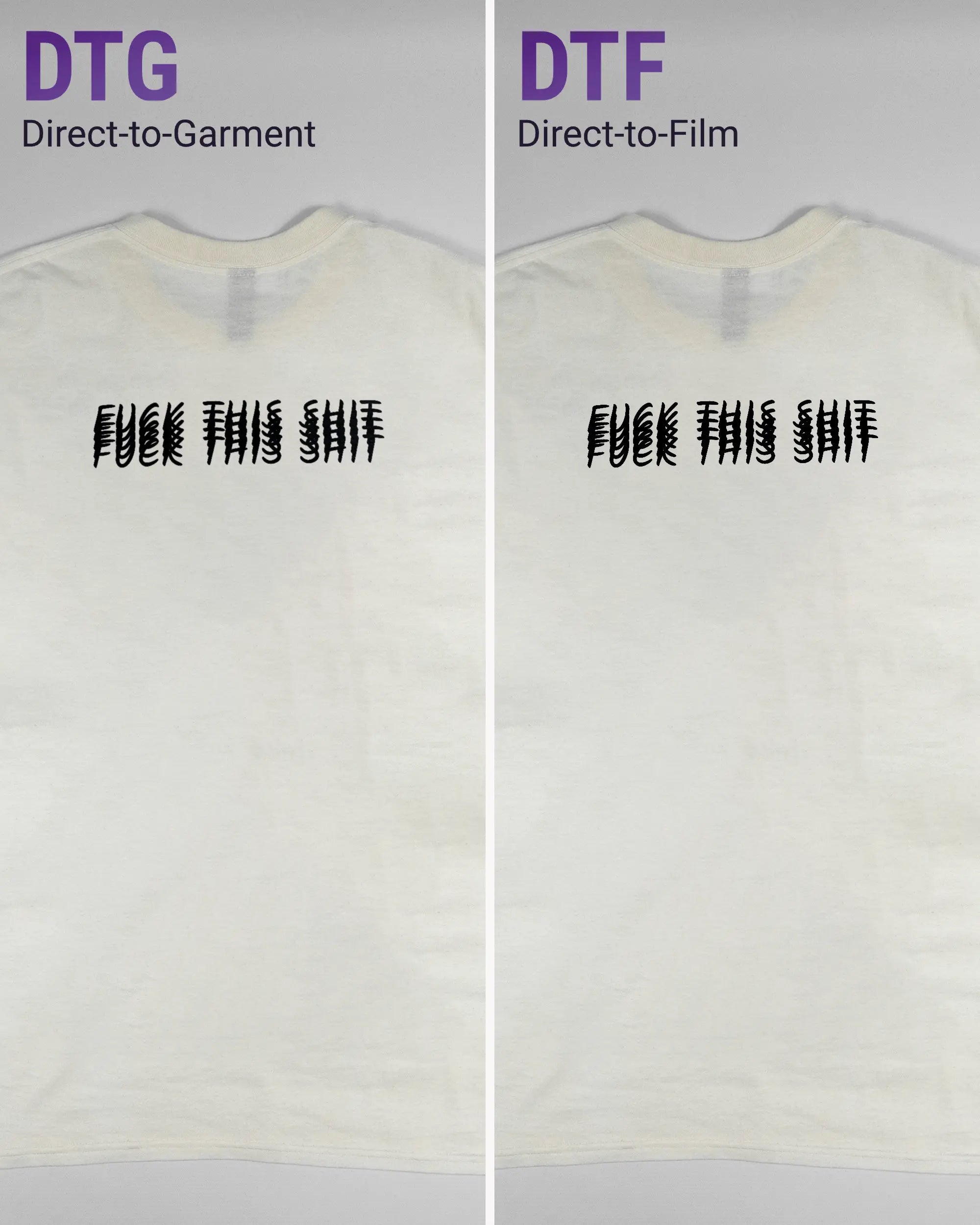 Vergleich der Rückseiten des Basic Unisex T-Shirt Regular von Maondo mit dem Design Hidden Message in der Farbe White und in der Größe L links mit dem Direct-to-Garment und rechts mit dem Direct-to-Film Verfahren