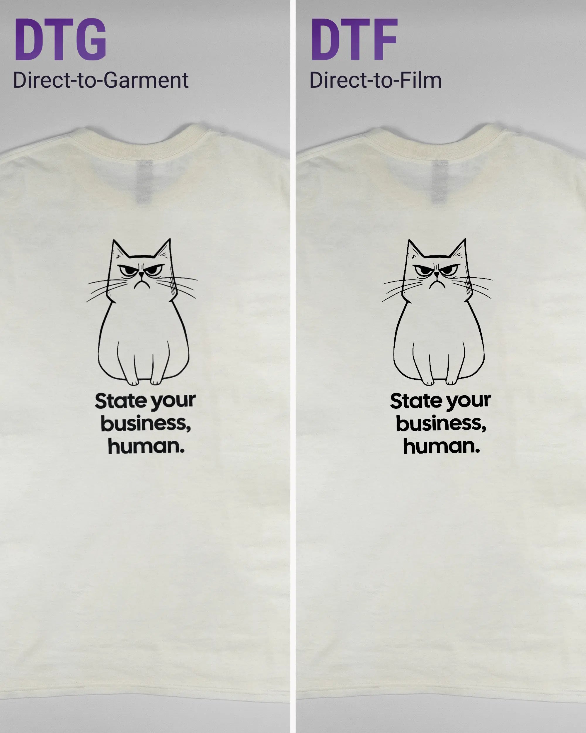 Vergleich der Rückseiten des Basic Unisex T-Shirt Regular von Maondo mit dem Design Grumpy Purr in der Farbe White und in der Größe L links mit dem Direct-to-Garment und rechts mit dem Direct-to-Film Verfahren