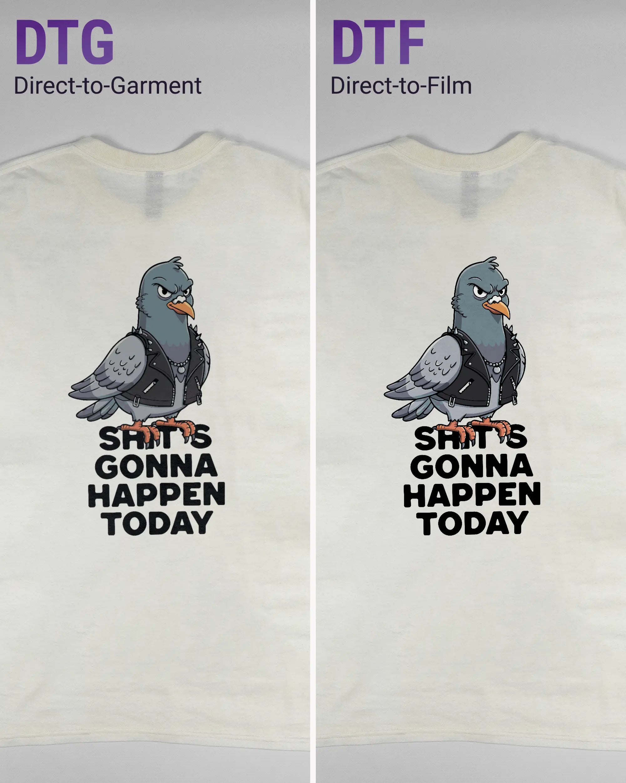 Vergleich der Rückseiten des Basic Unisex T-Shirt Regular von Maondo mit dem Design Pigeon Pun in der Farbe White und in der Größe L links mit dem Direct-to-Garment und rechts mit dem Direct-to-Film Verfahren