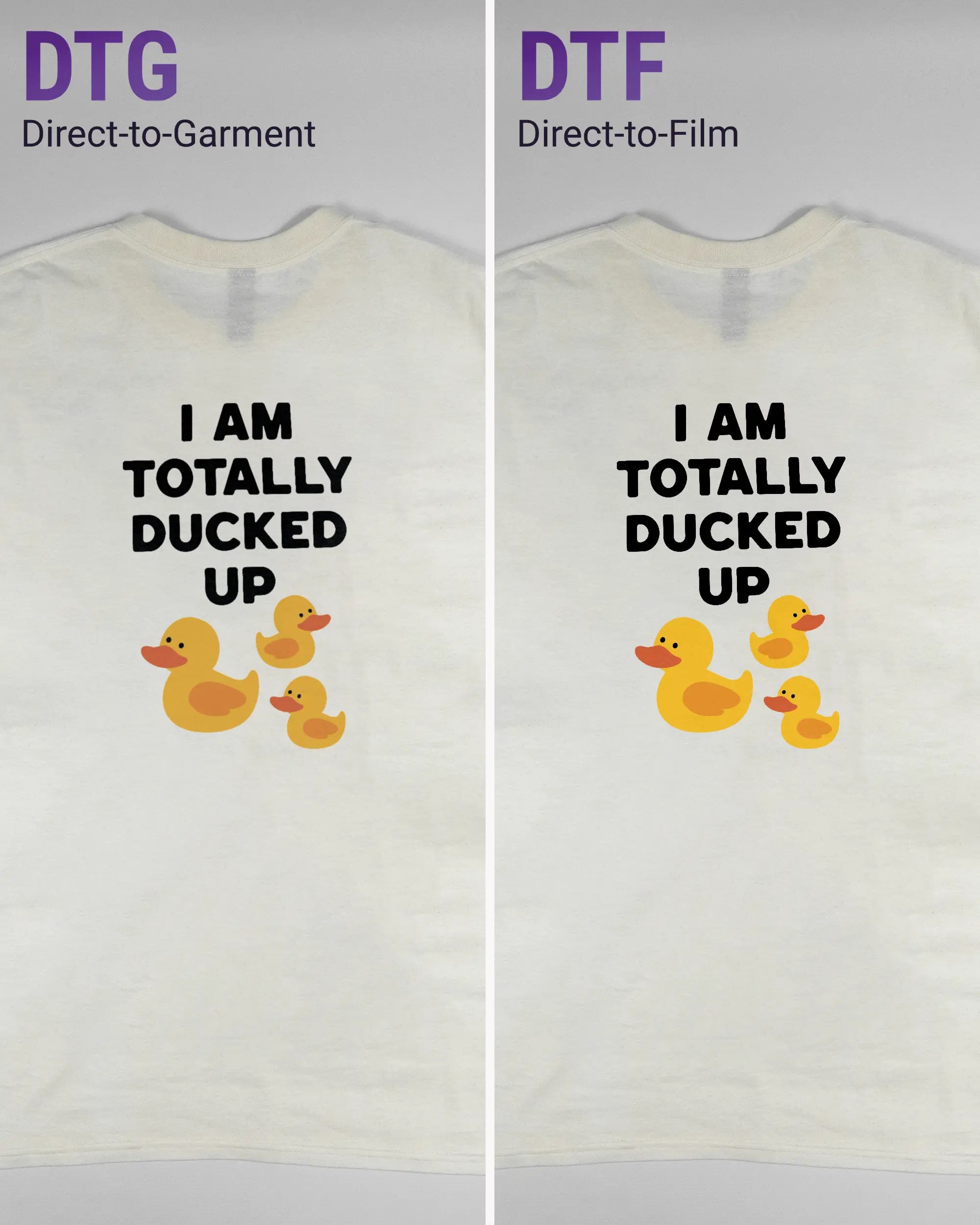 Vergleich der Rückseiten des Basic Unisex T-Shirt Regular von Maondo mit dem Design Ducked Up in der Farbe White und in der Größe L links mit dem Direct-to-Garment und rechts mit dem Direct-to-Film Verfahren