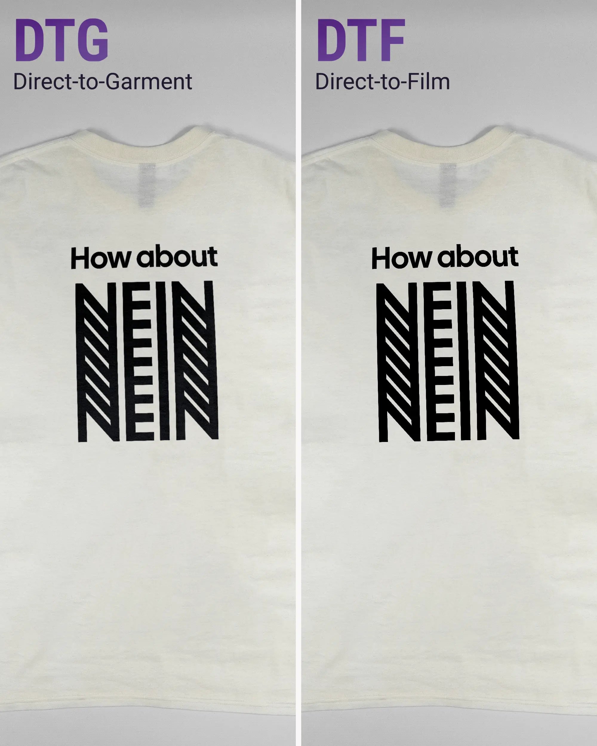 Vergleich der Rückseiten des Basic Unisex T-Shirt Regular von Maondo mit dem Design How about nein in der Farbe White und in der Größe L links mit dem Direct-to-Garment und rechts mit dem Direct-to-Film Verfahren
