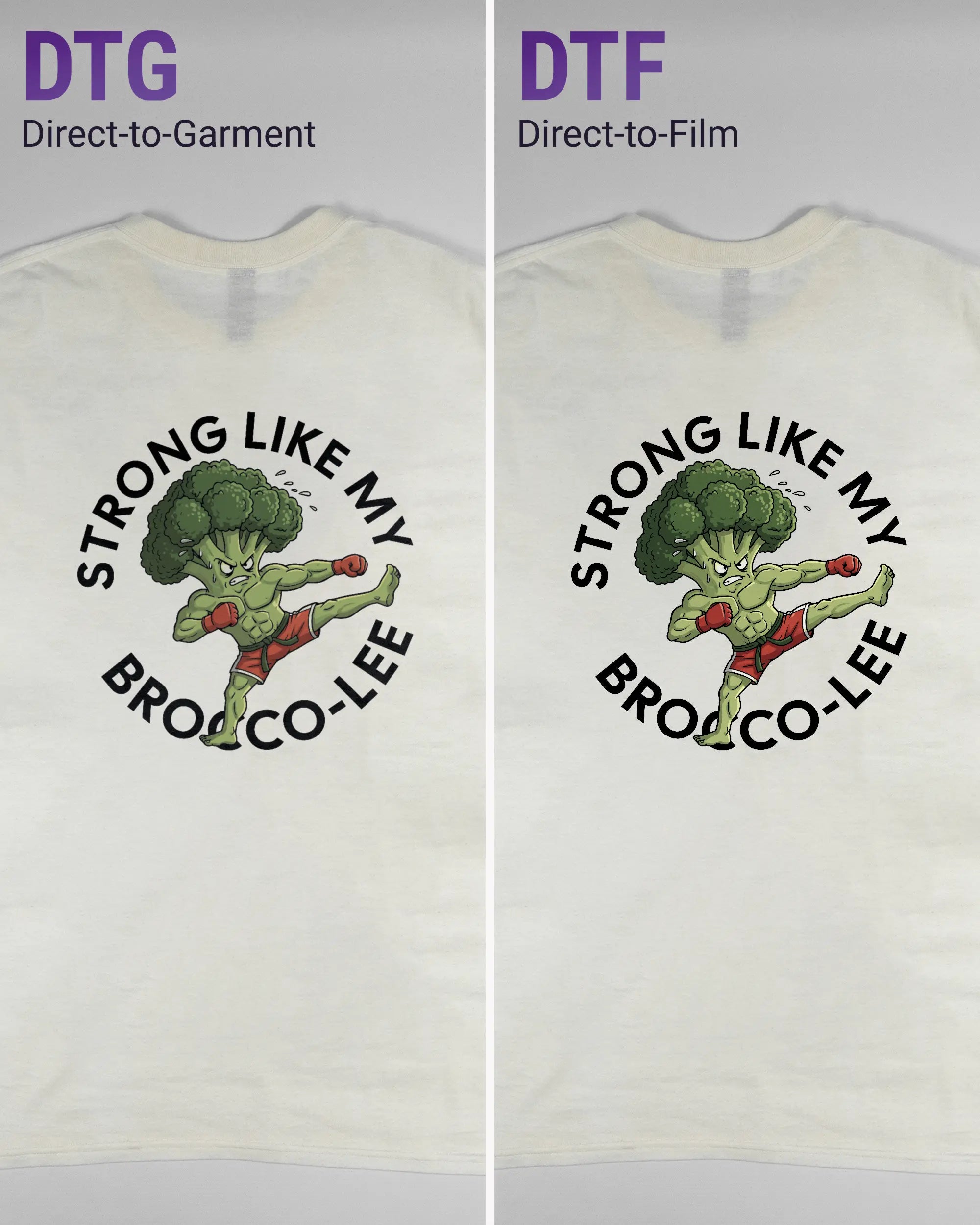 Vergleich der Rückseiten des Basic Unisex T-Shirt Regular von Maondo mit dem Design Brocco-Lee in der Farbe White und in der Größe L links mit dem Direct-to-Garment und rechts mit dem Direct-to-Film Verfahren